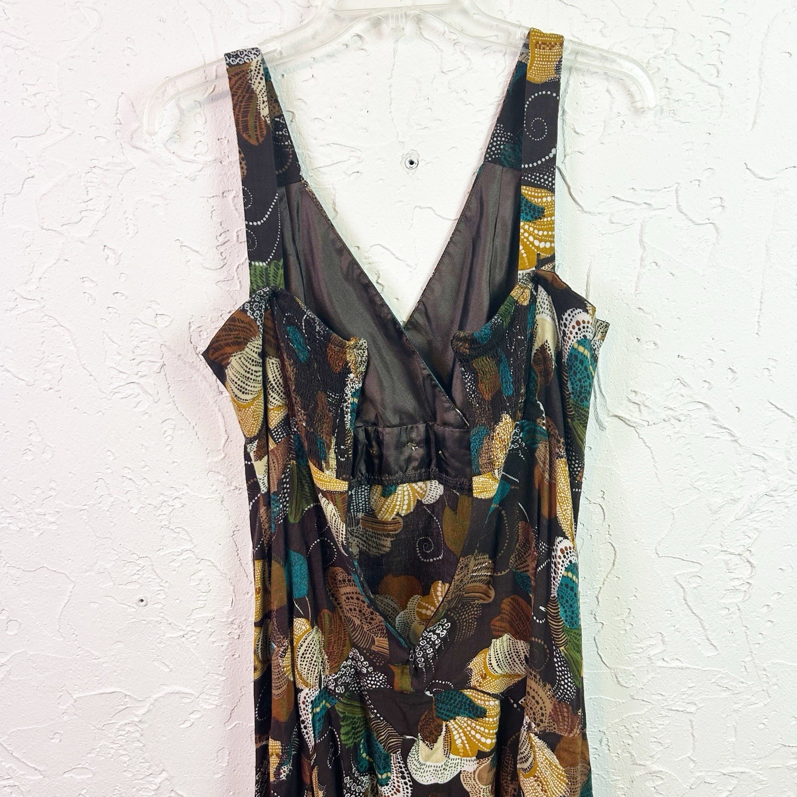 Vintage Brown Floral Beaded V-neck Knee Length Dress Size 10 Boho Hippie Fairy