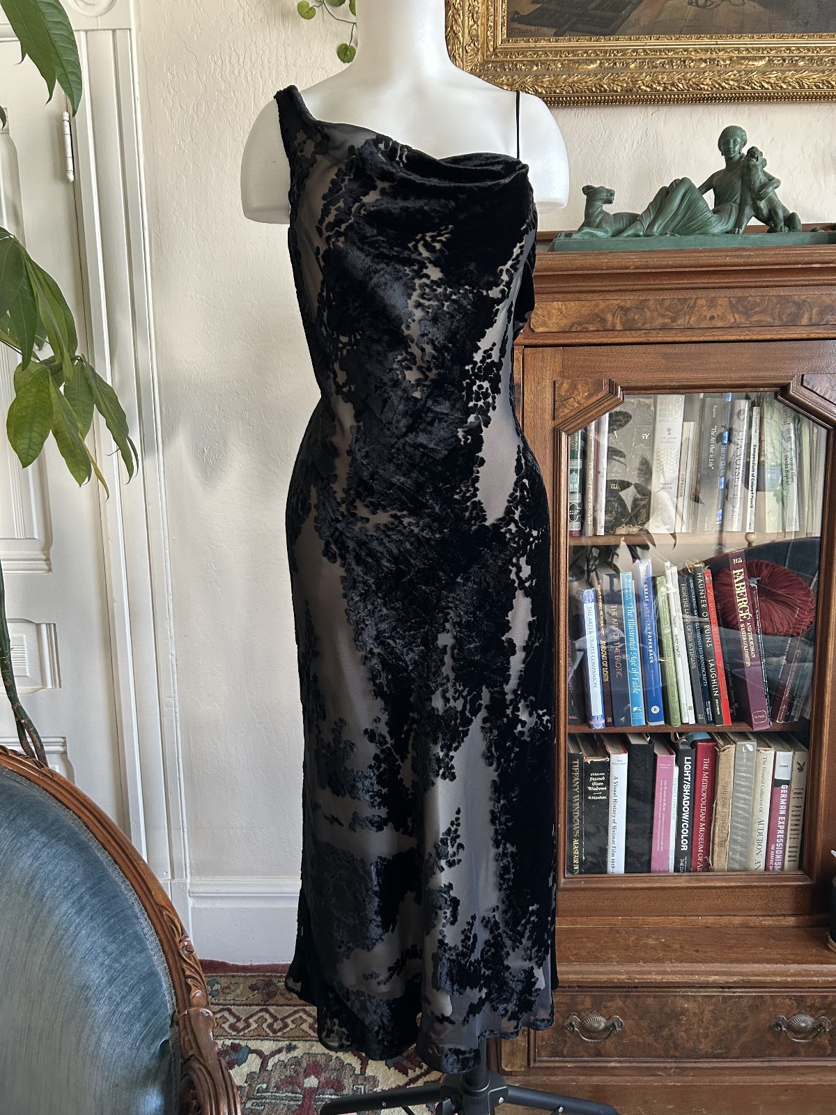 Vintage Y2K Asymmetrical Burnout Velvet Dress BlackOne Shoulder Formal Midi Sm