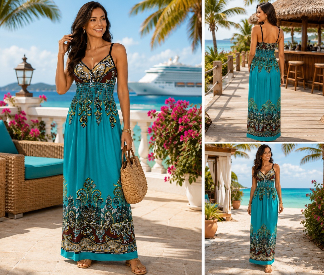 Maxi Dress By Bailey Blue Turquoise Paisley Sz S Beach Vacation Cruise Boho