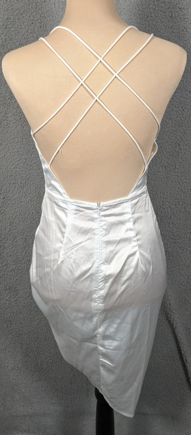 Bodycon Satin Mini Dress S White Ruched Asymmetrical Hem Party Bridal Feminine