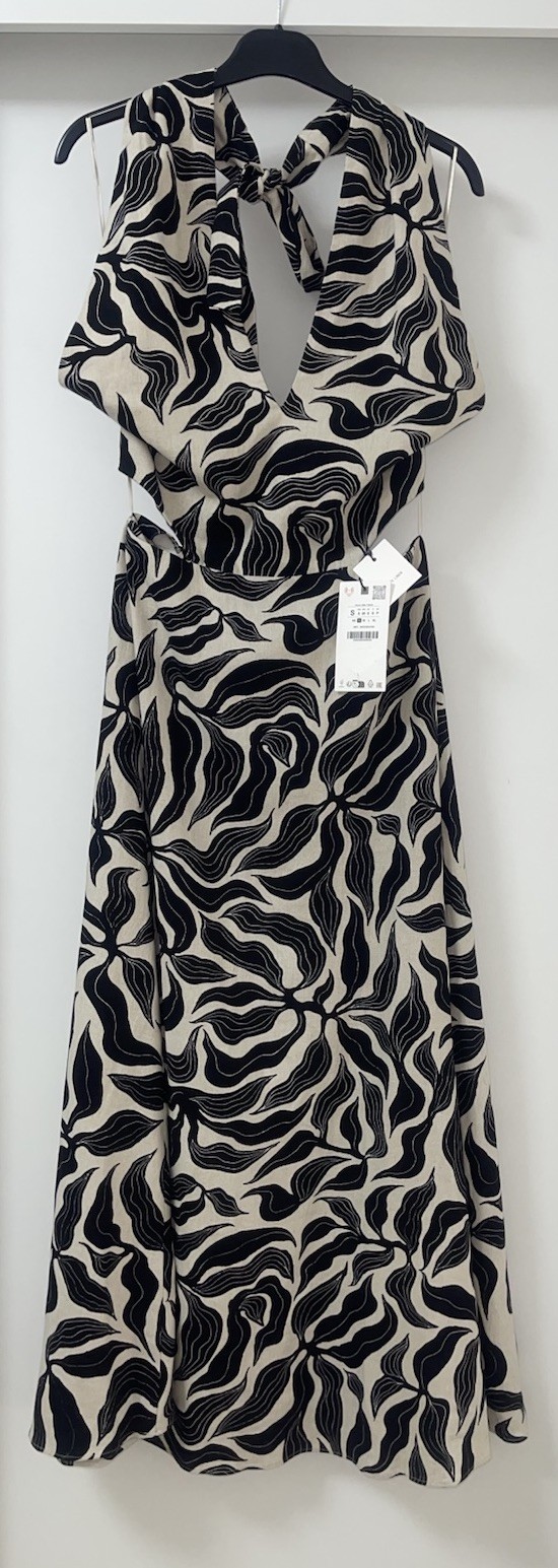 ZARA BLACK ECRU FLORAL PRINT CUT-OUT OPEN BACK HALTER NECK MIDI DRESS SIZE S NEW