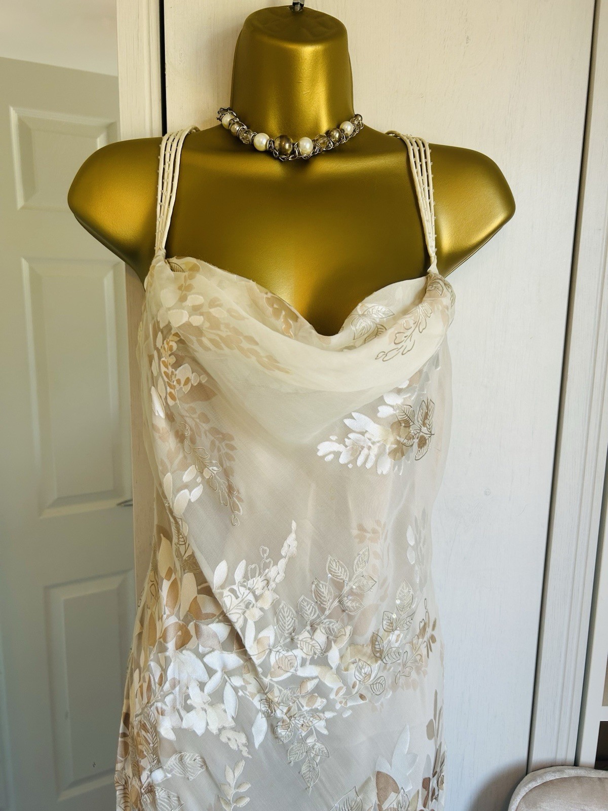Monsoon Vintage Silk Cream Gold Devore 20s Deco Y2K Bride Long Dress 12