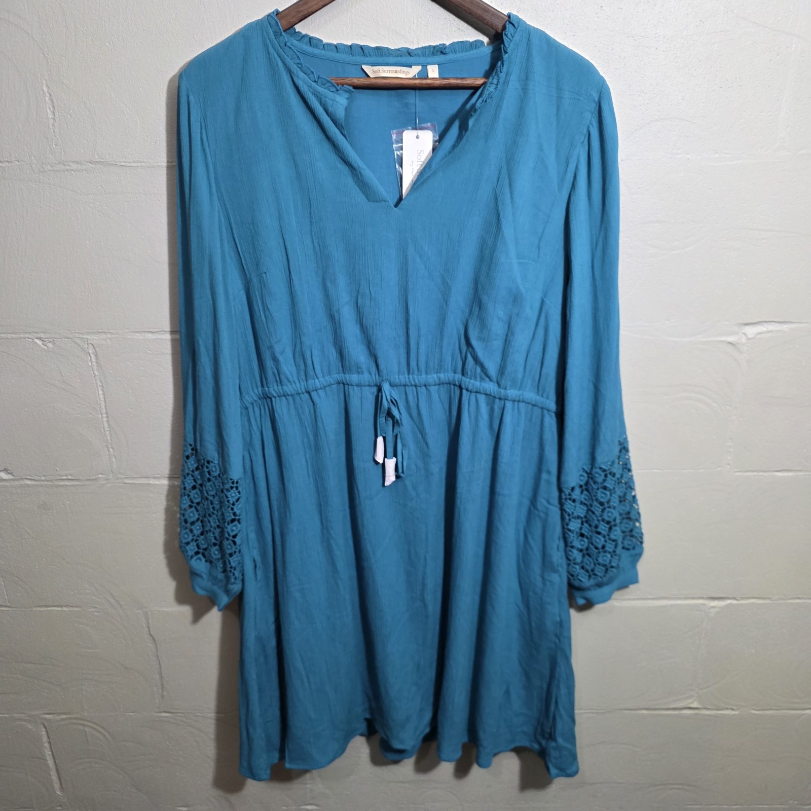 Soft Surroundings Meara Womens Mini Gauze Dress Size L Teal Blue Slip Lined NWT