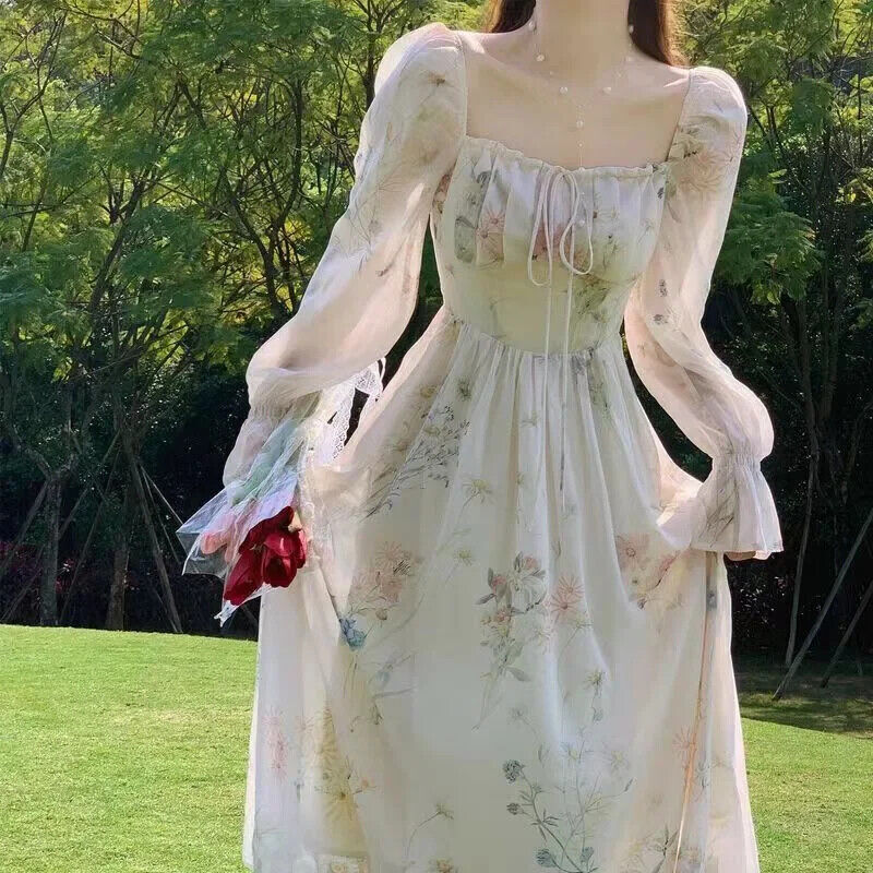 Womens Elegant Square Neck Long Sleeves Slim Fashion Floral Print Chiffon Dress