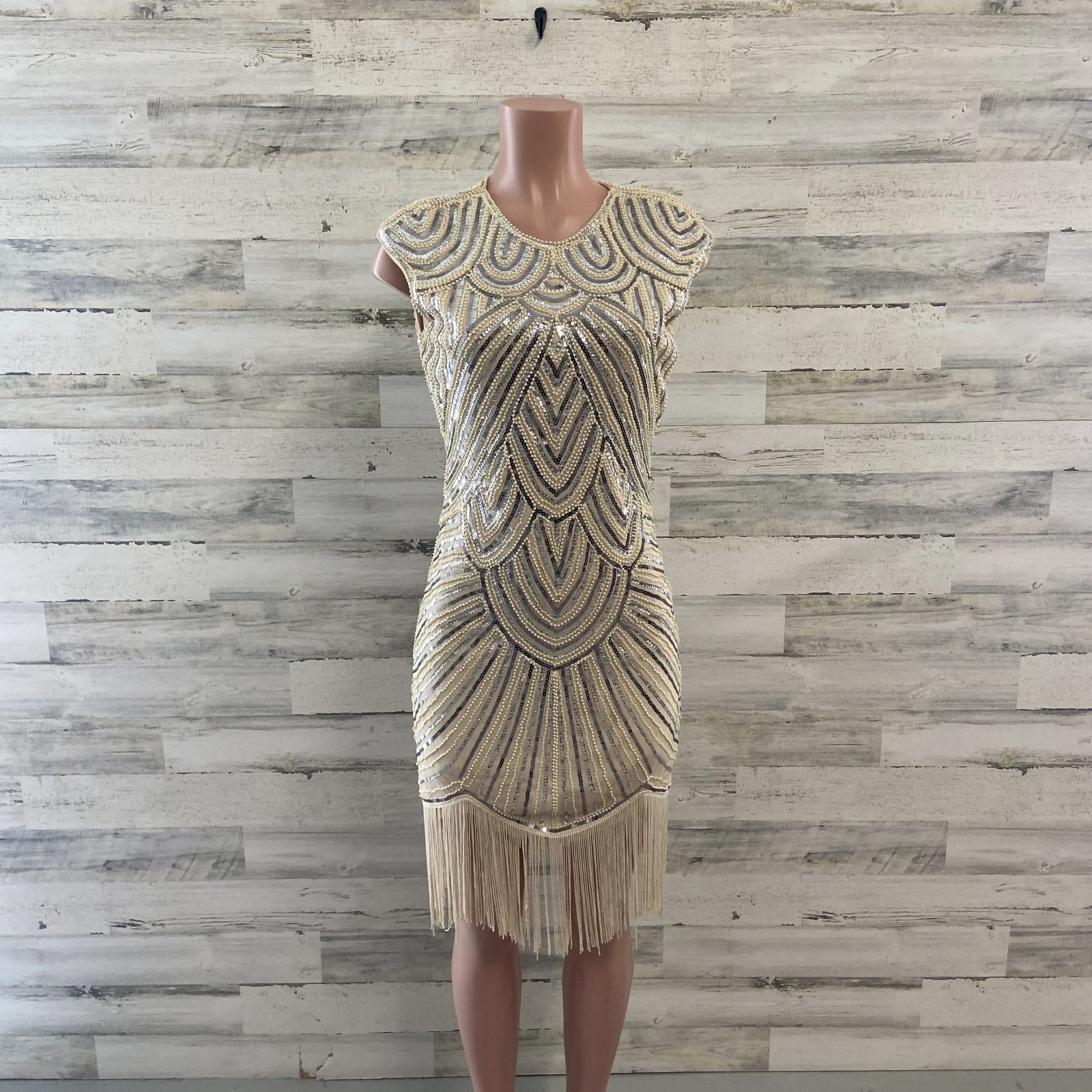 1920s Style Great Gatsby Flapper Dress Champagne Sequin Beaded Fringe Small