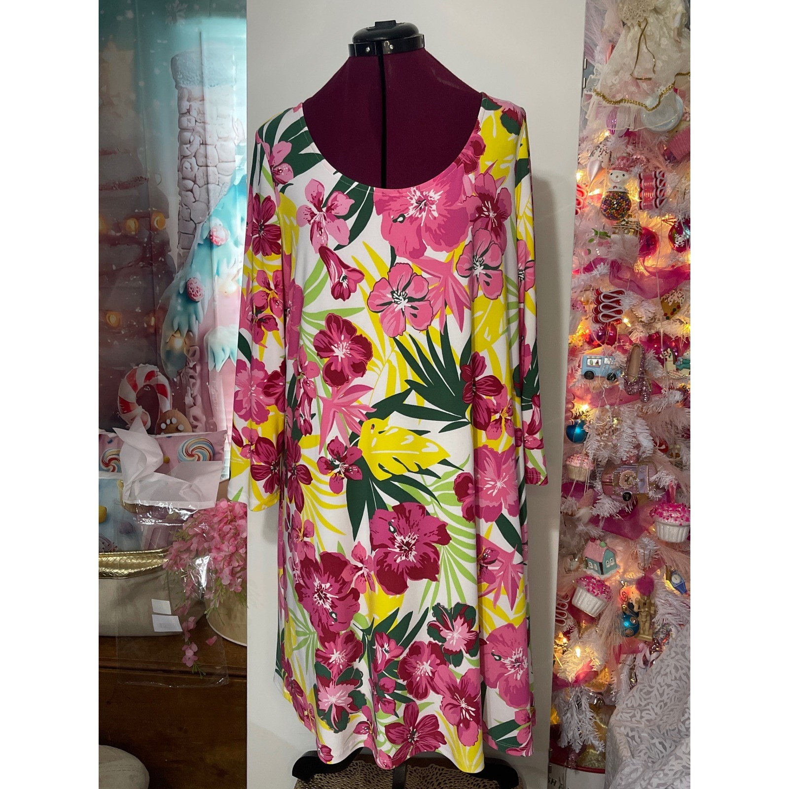 Pappagallo Floral Shift Dress Womens XL Pink Yellow Good Tropical Long Sleeve
