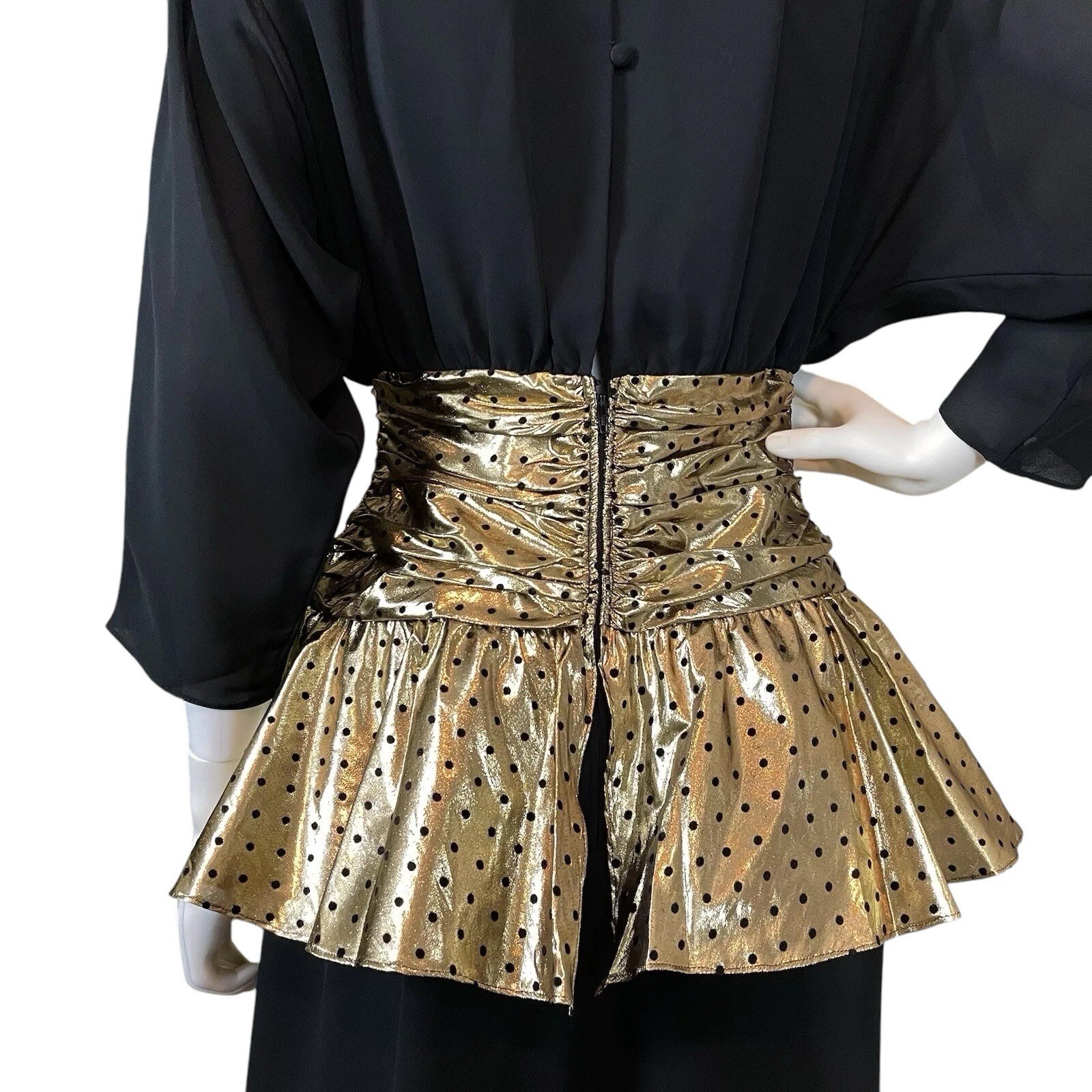Vtg 80s Pat Richards Metallic Ruched Peplum Lame Dot Dress Black Gold Size 8