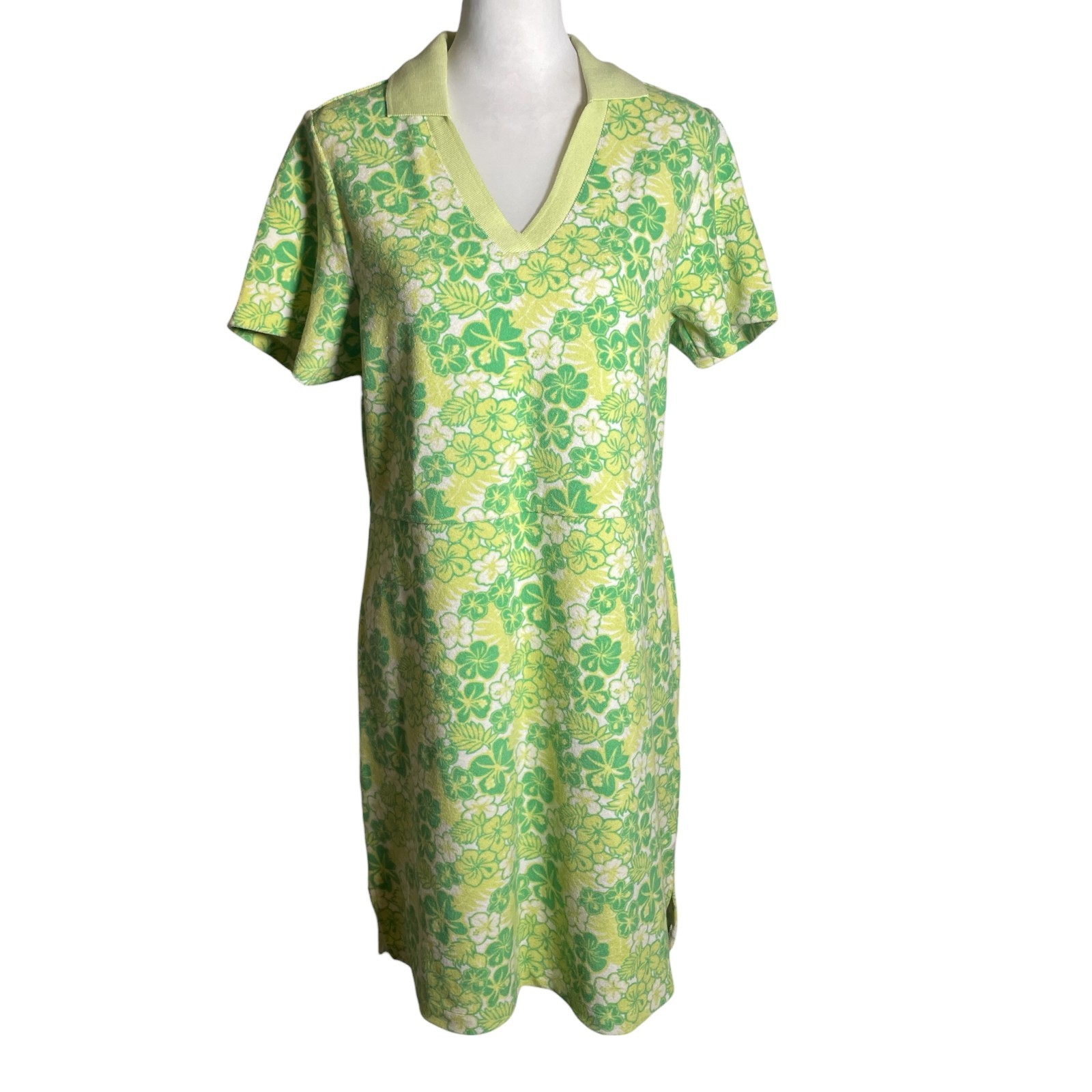 New Larkspur Shift Dress Women Medium Green Floral Cotton Short Sleeve V-Neck