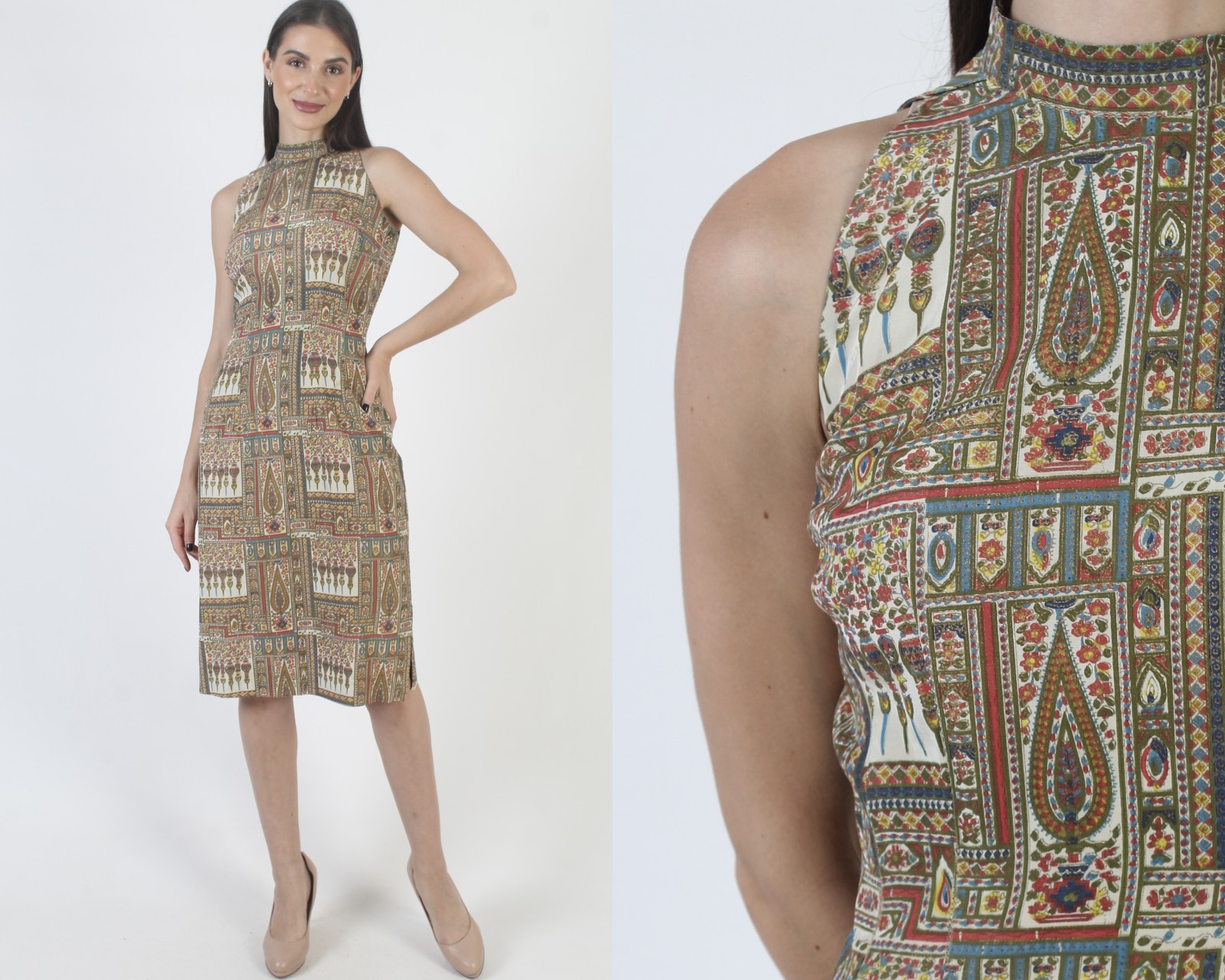 Vintage 50s Rockabilly Print Dress Mid Century MCM Pencil Skirt Cocktail Party
