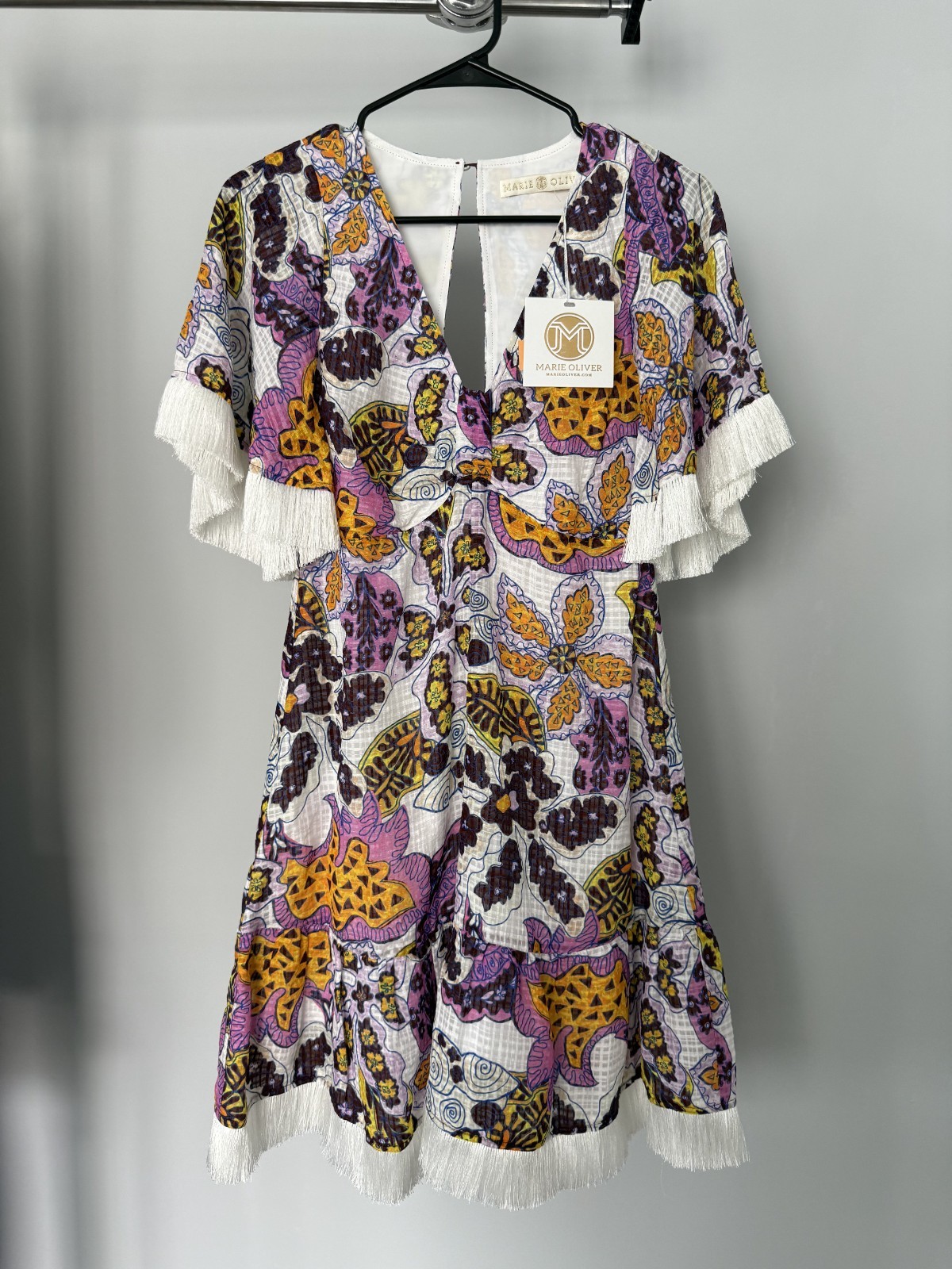 Marie Oliver Octavia Mini Dress Sz 2 Purple Floral Fringe Trim NWT $368 Retail