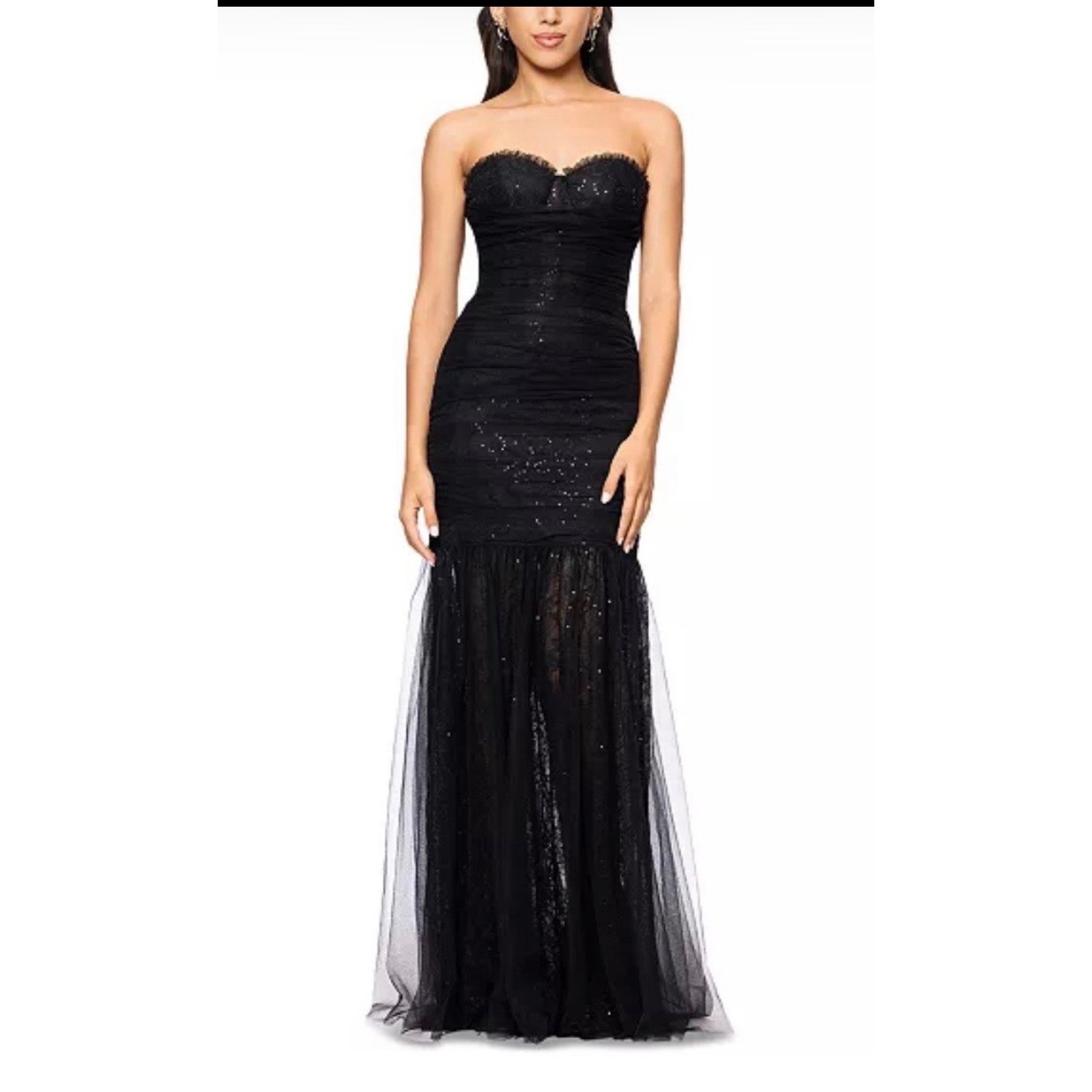 BETSY & ADAM Black Sequin Tulle Mermaid Gown Size 2 NEW Formal Dress Party
