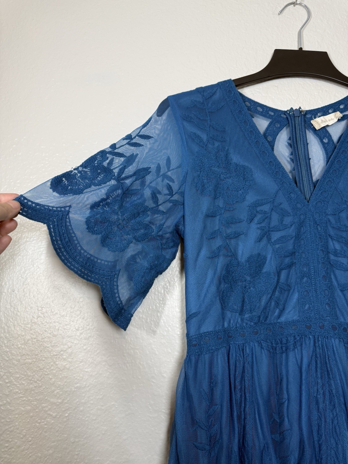 Altar’d State Blue Embroidered Mesh Fit & Flare Dress Knee Length V-Neck Size L
