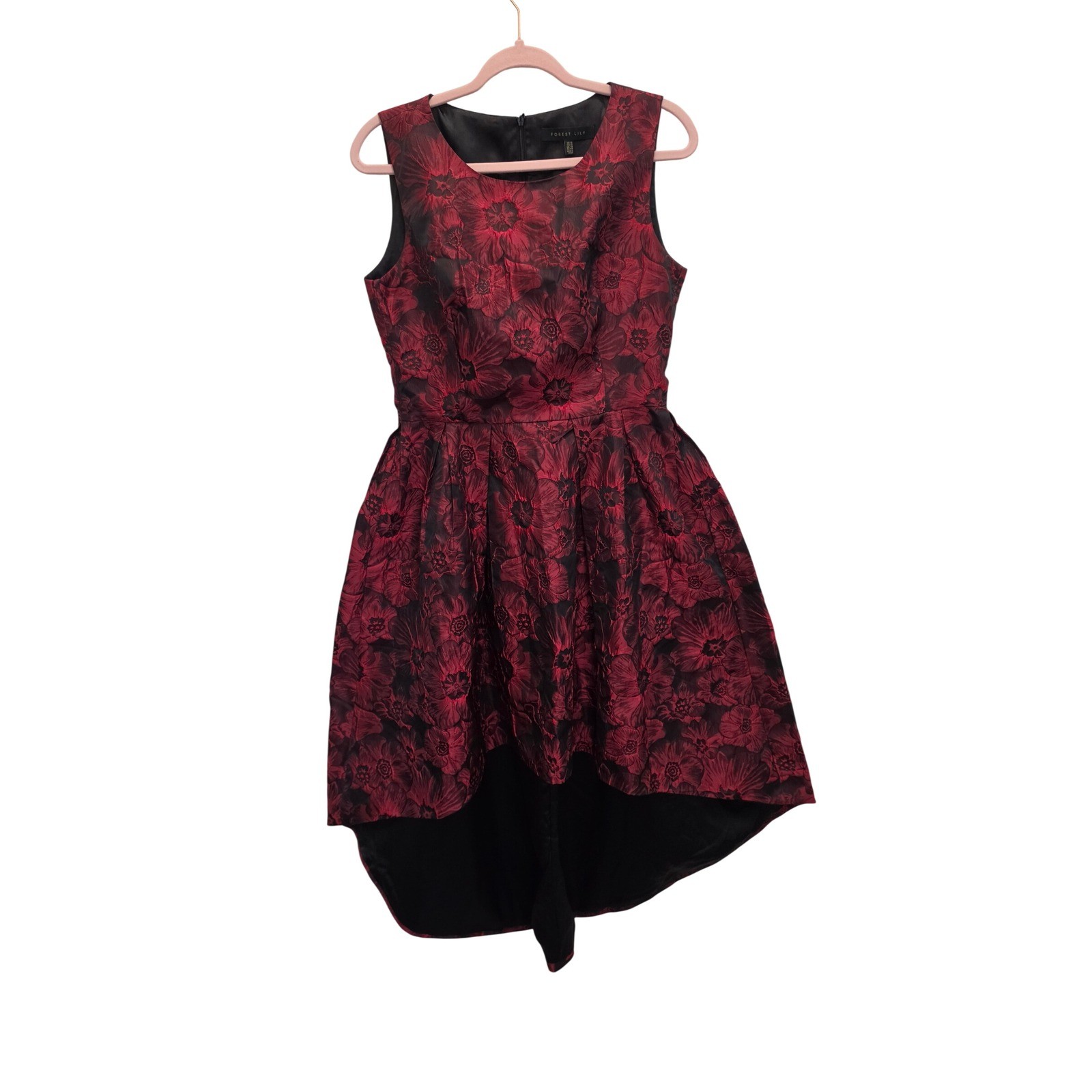 Dark Romantic Floral Jacquard Brocade High Low Fit Flare Party Holiday Dress 10