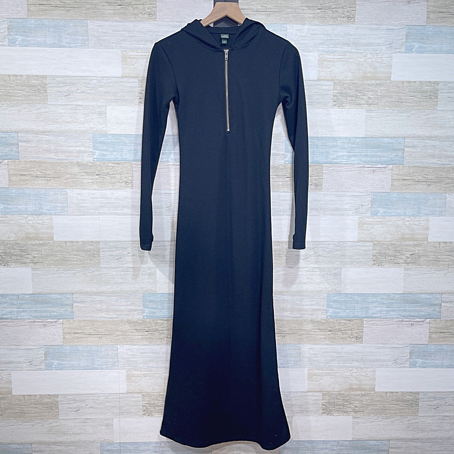 Wild Fable Hooded Long Sleeve Side Slit Ribbed Maxi Dress Black Womens XS