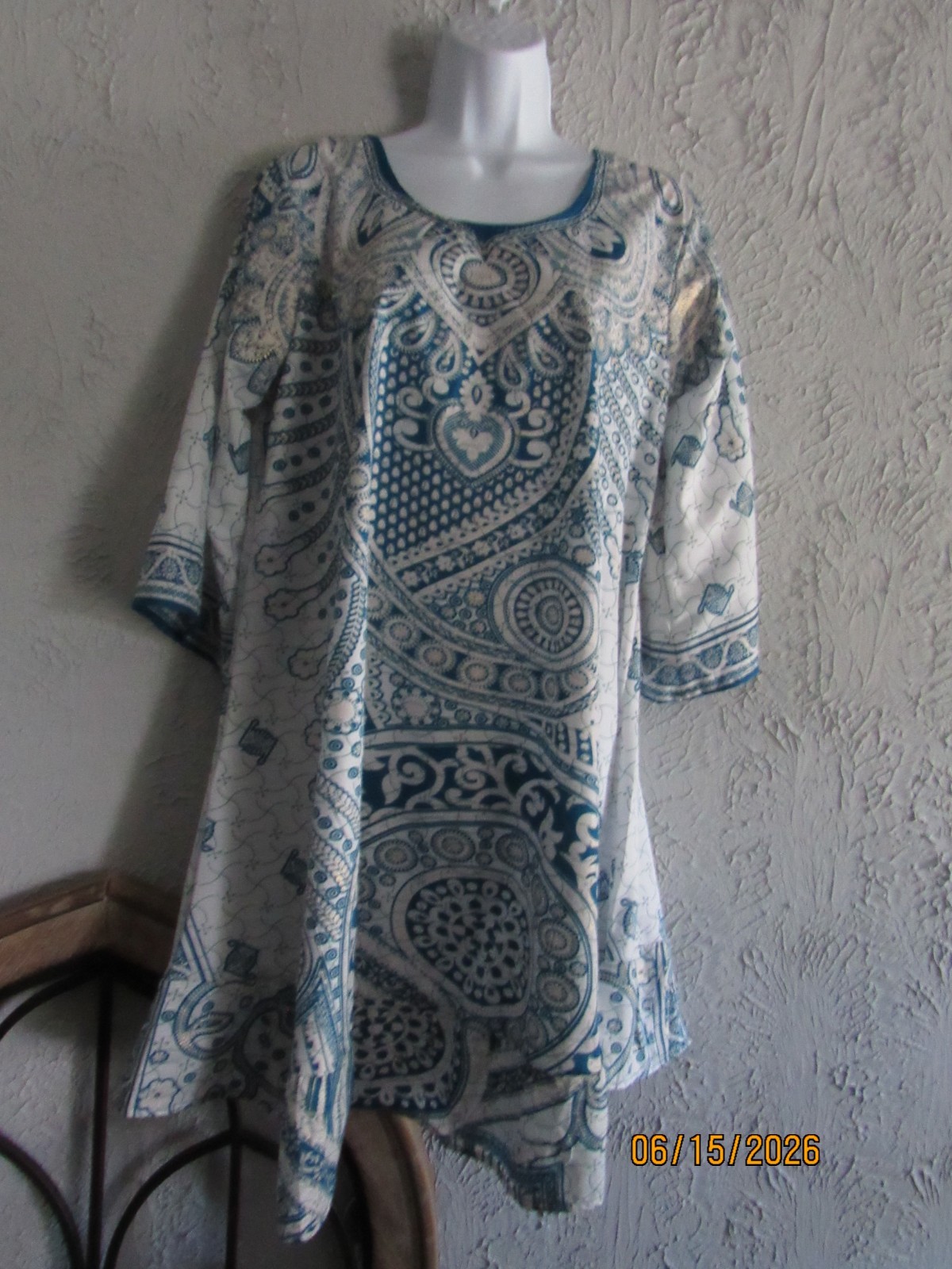 Lapogee nwt M tent summer dress Indian white blue gold fabric 3/4 bell sleeve