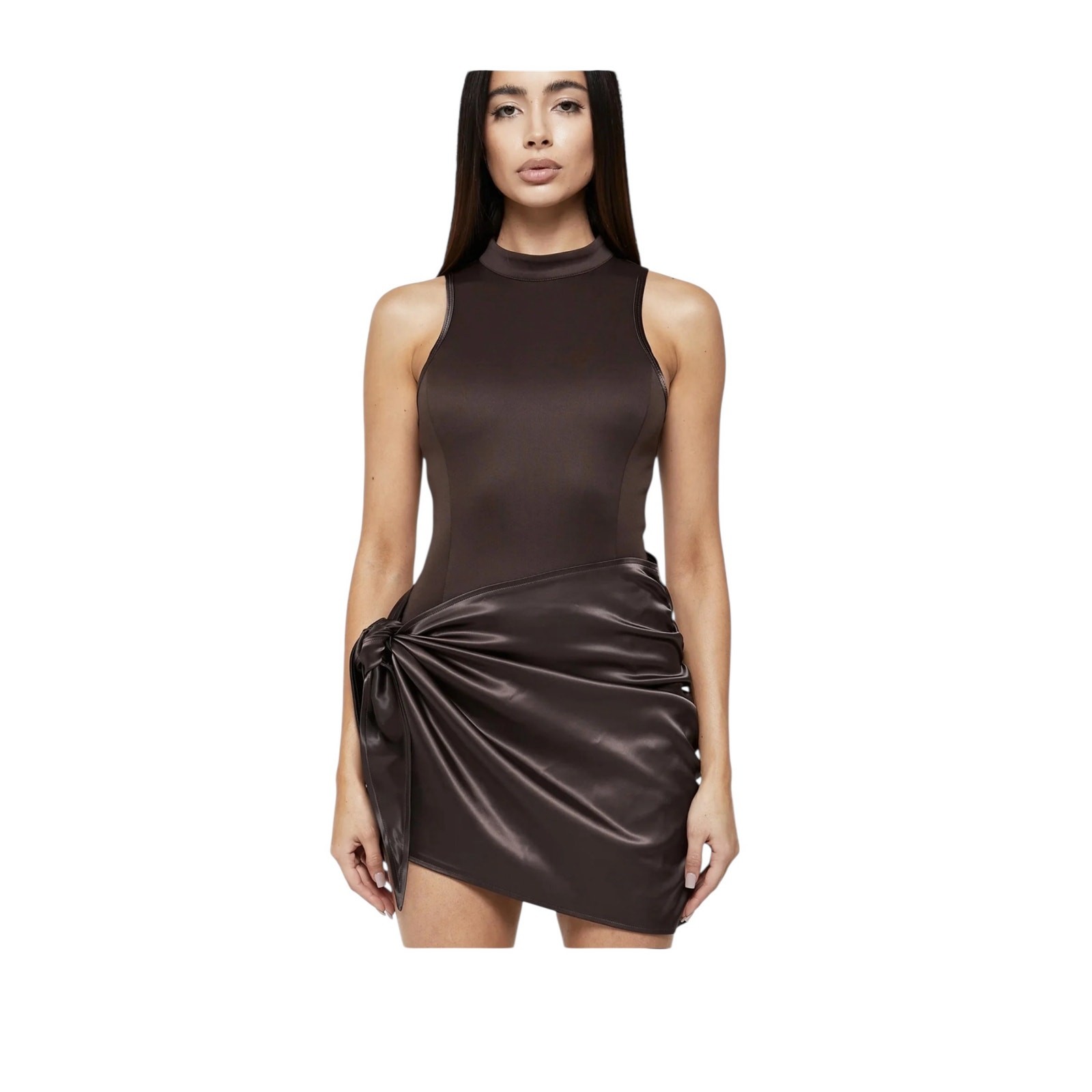 Manière De Voir Neoprene & Satin Wrap Bodycon Dress brown. Elegant modern glam