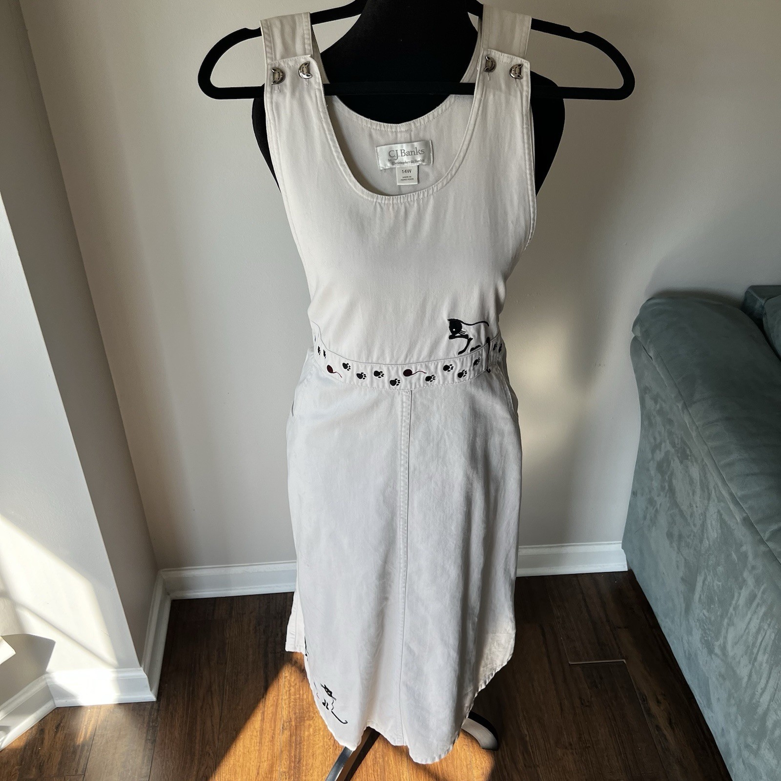 Black Cat Embroidered Cream Pullover Dress Cat Buttons Pockets One Of A Kind