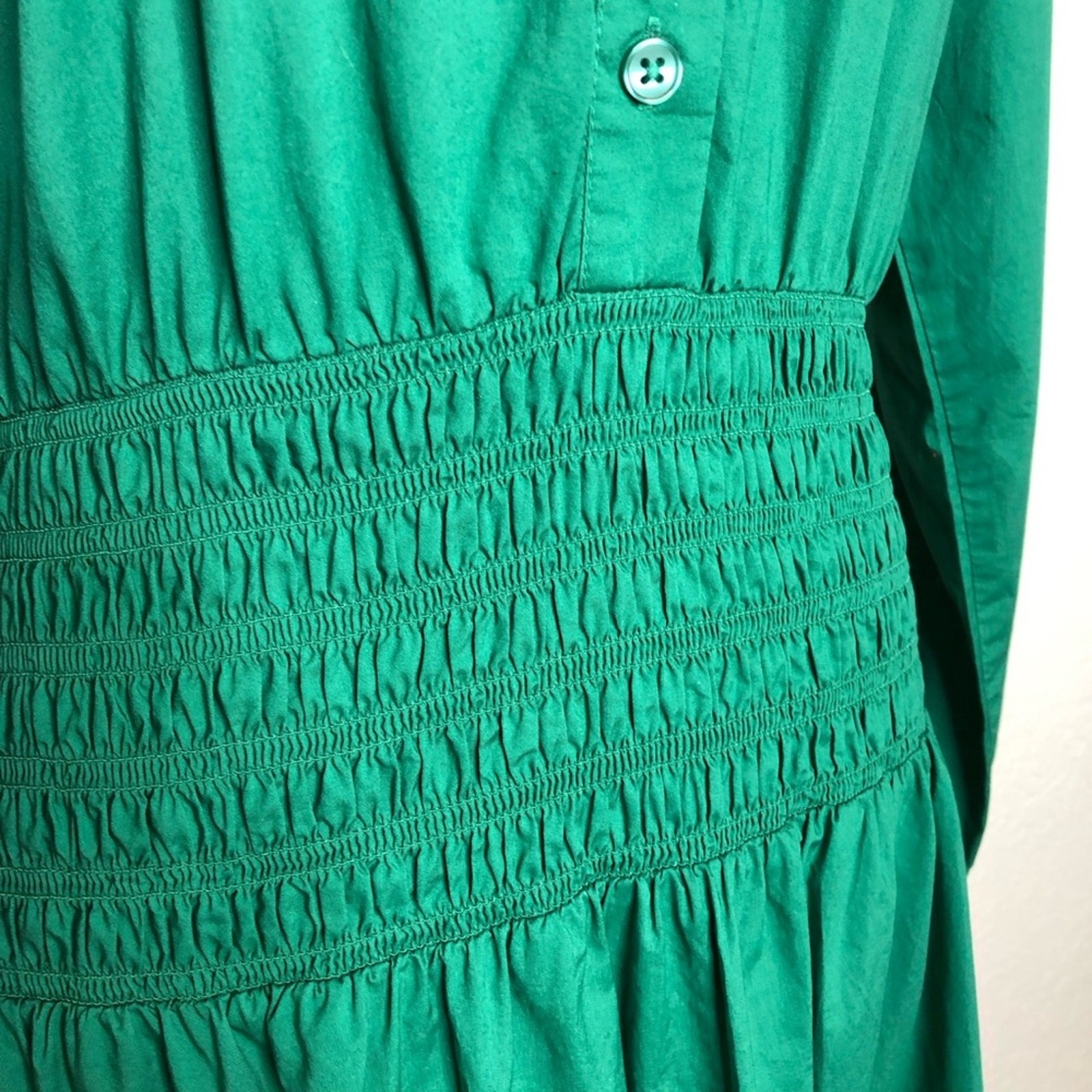 Ann Taylor green smocked waist button down midi shirt dress size 6