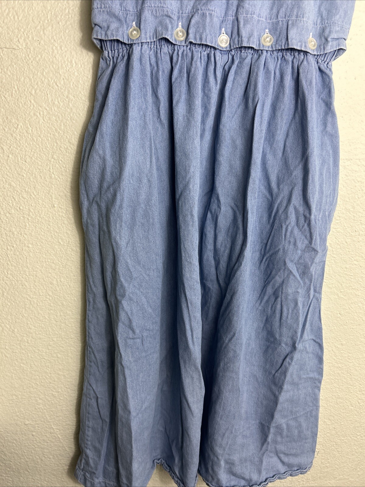 Vintage Chambray Women’s Medium Dress Blue Floral Elastic Waist Ankle Length