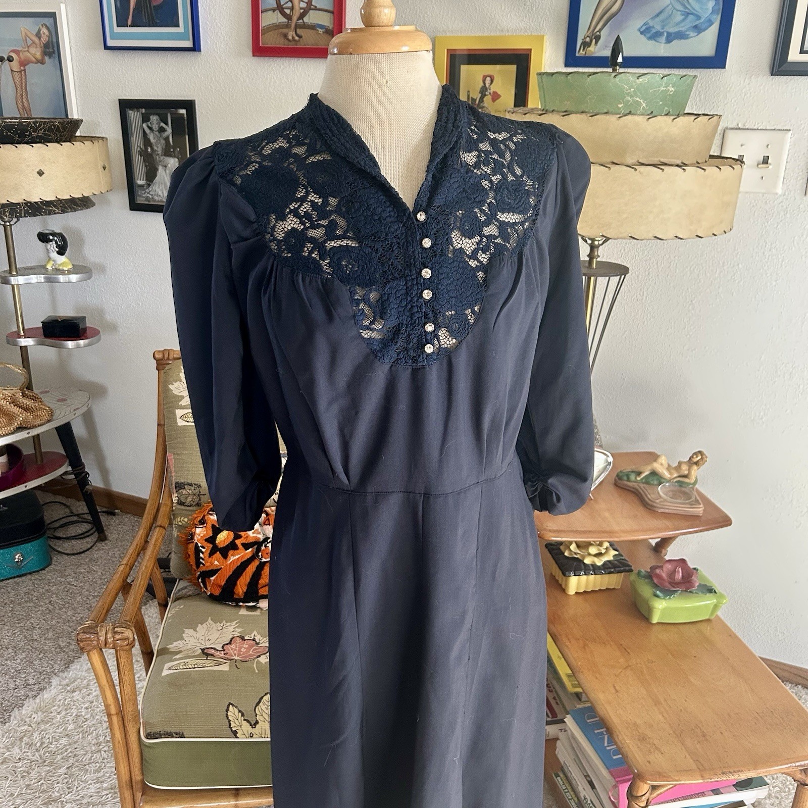 Retro Dress | 1940s Style | Navy Blue | Lace | M L | 40s