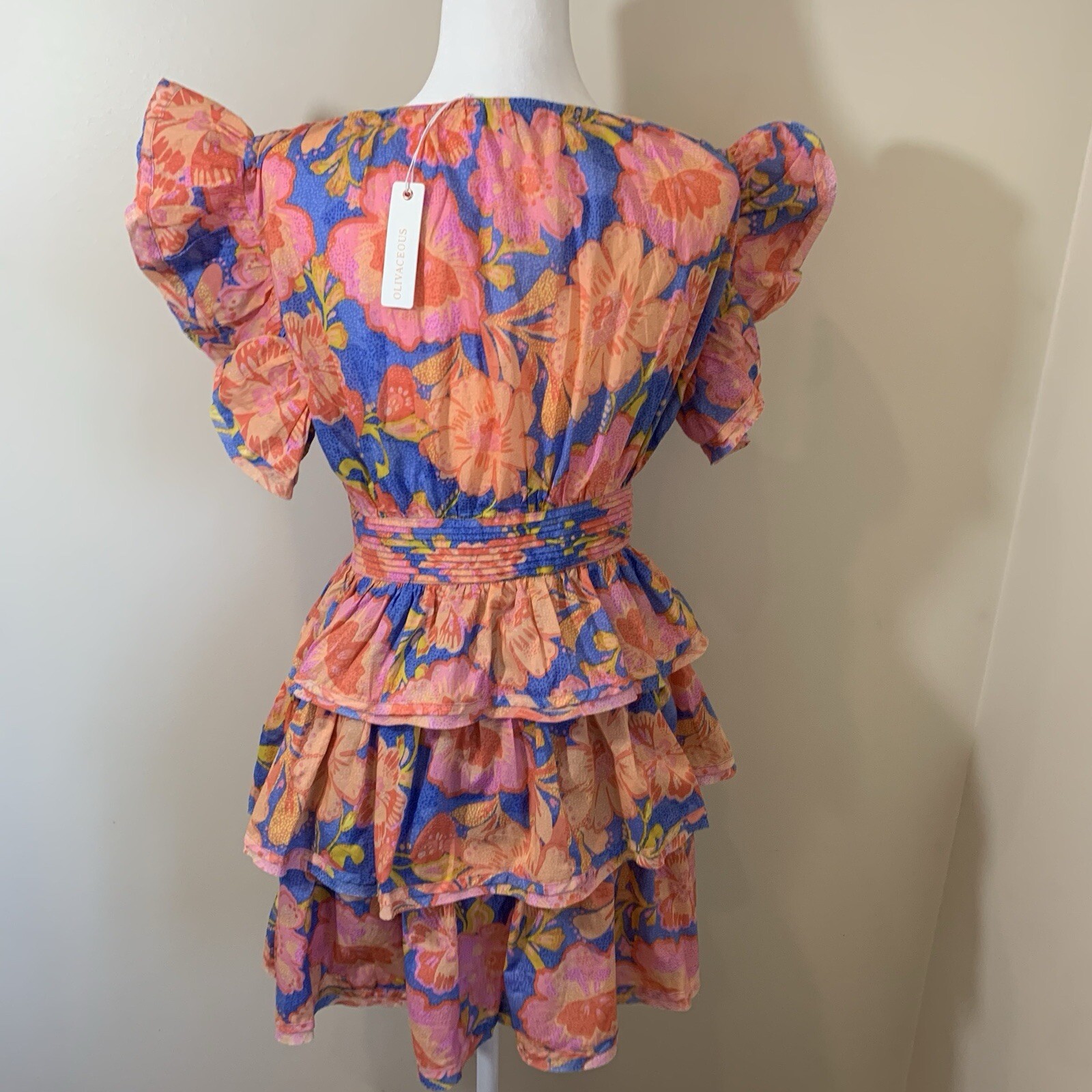 Olivaceous Womens Tiered Mini Dress Medium Bright Tropical Resort Coquette Beach