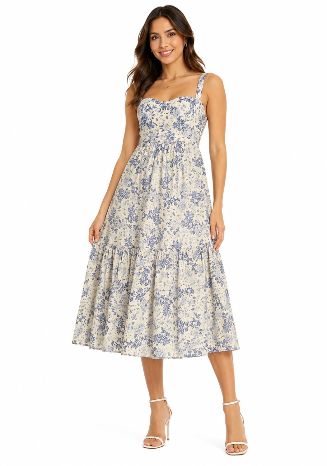 House of CB Blue White Floral Midi Dress Women’s Sz M Corset Fit Flare Pocket