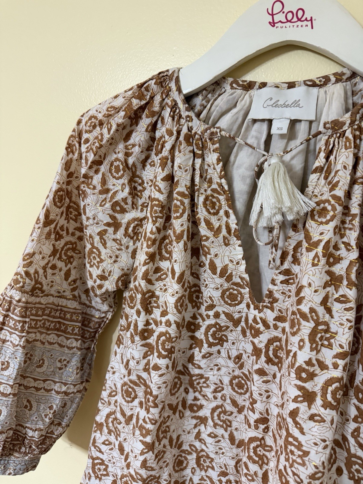 Cleobella Rosy Mini Dress XS Tamil Block Print Blouson Sleeves Cottagecore Boho