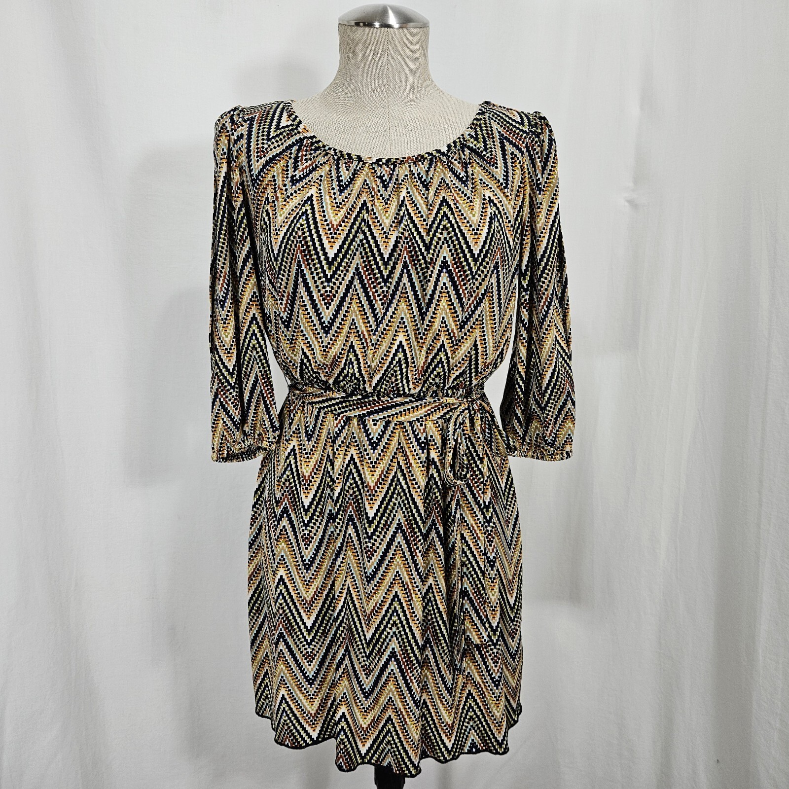 Sweet Storm Blouson Dress Women Medium Brown Chevron Print Elastic Tie Waist 80s