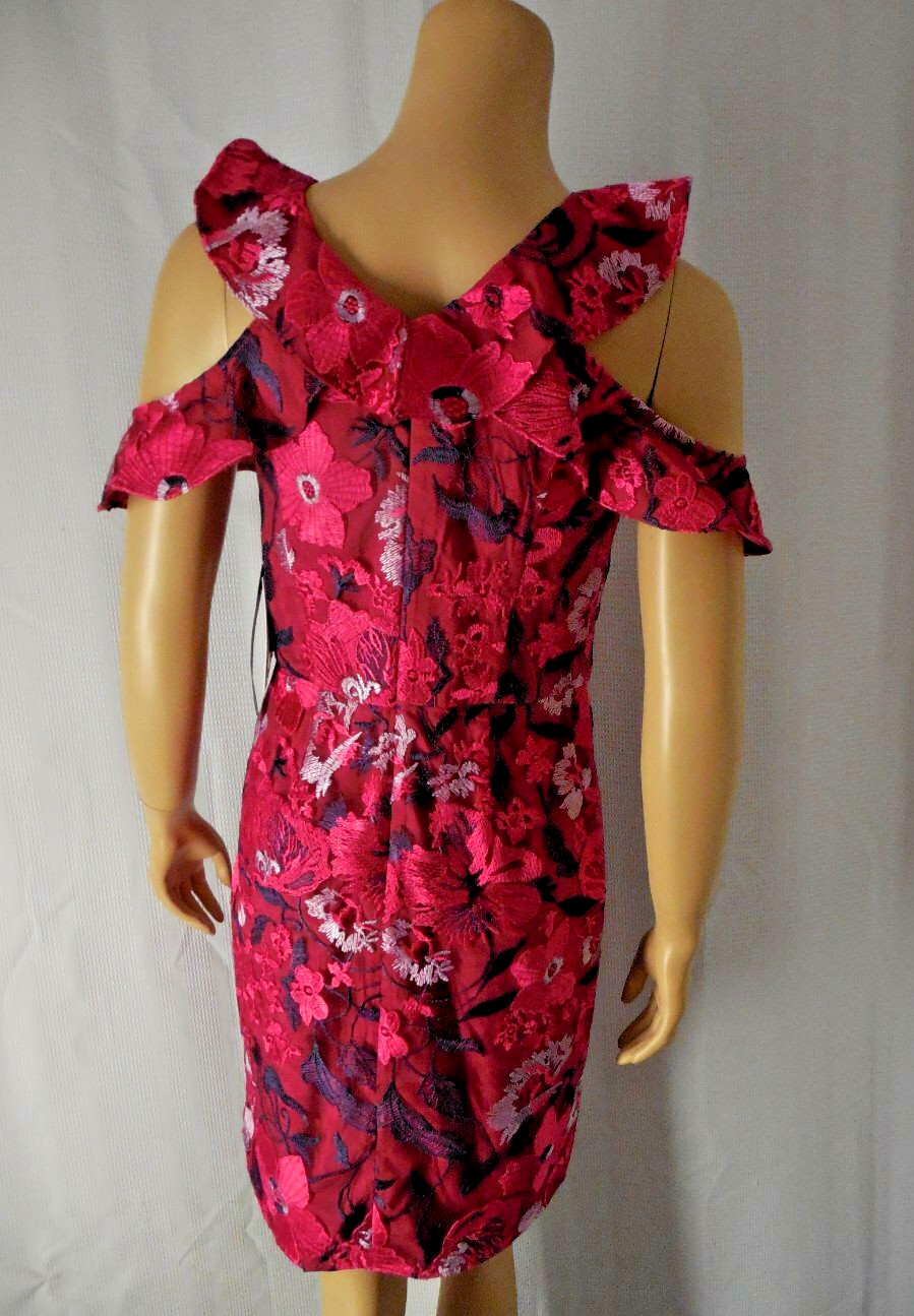 HALSTON Dress size 2 Raspberry red embroidered Party Cocktail ruffles NWT
