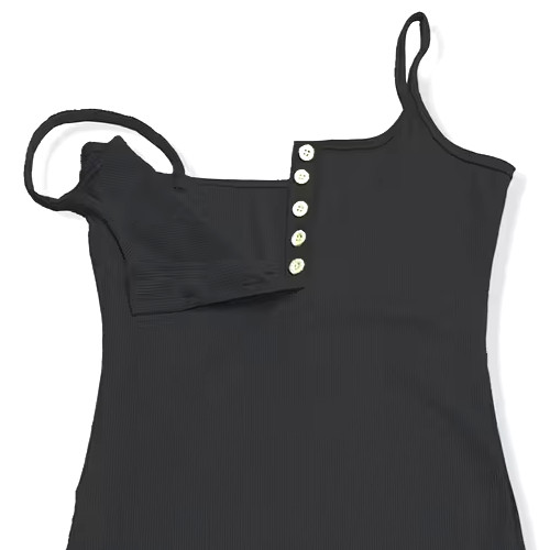 Medium Black Spaghetti Strap 5-Button SEXY BUST PLUNGE. Knit Bodycon Mini Dress