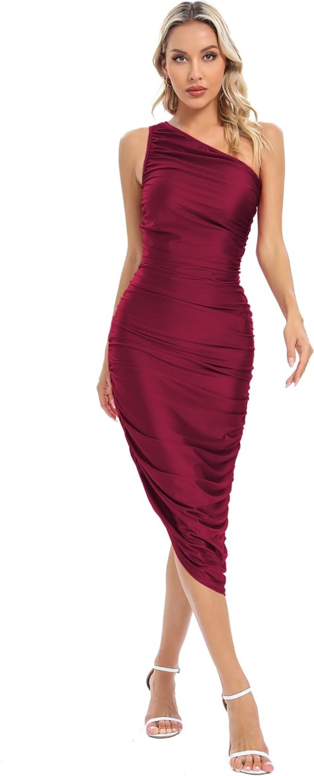 Capuffy Women’s One Shoulder Pencil Dress Ruched Bodycon Dresses MED Wine Red