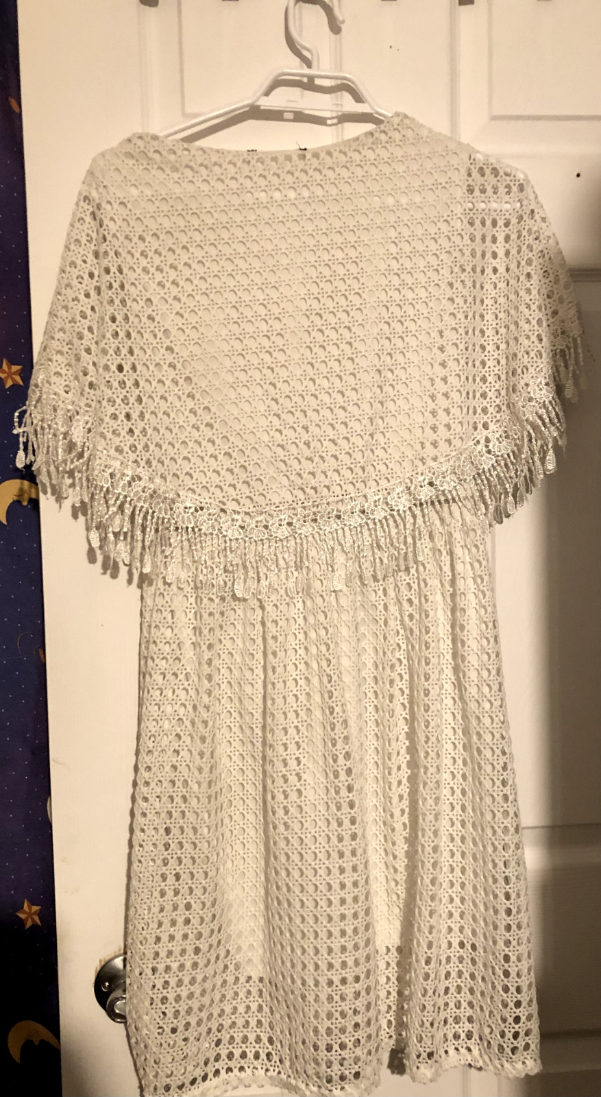White Crochet Short Dress with Frange Capelet Acrylic S/M Fringe Boho