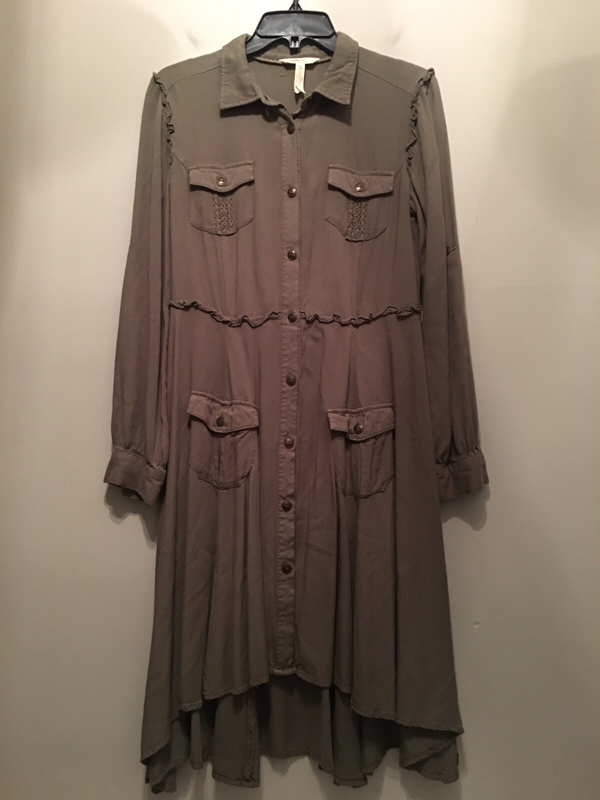 Matilda Jane Dress Button Women Medium Green Tree Canopy Roll Tab Slv Hi Lo Hem