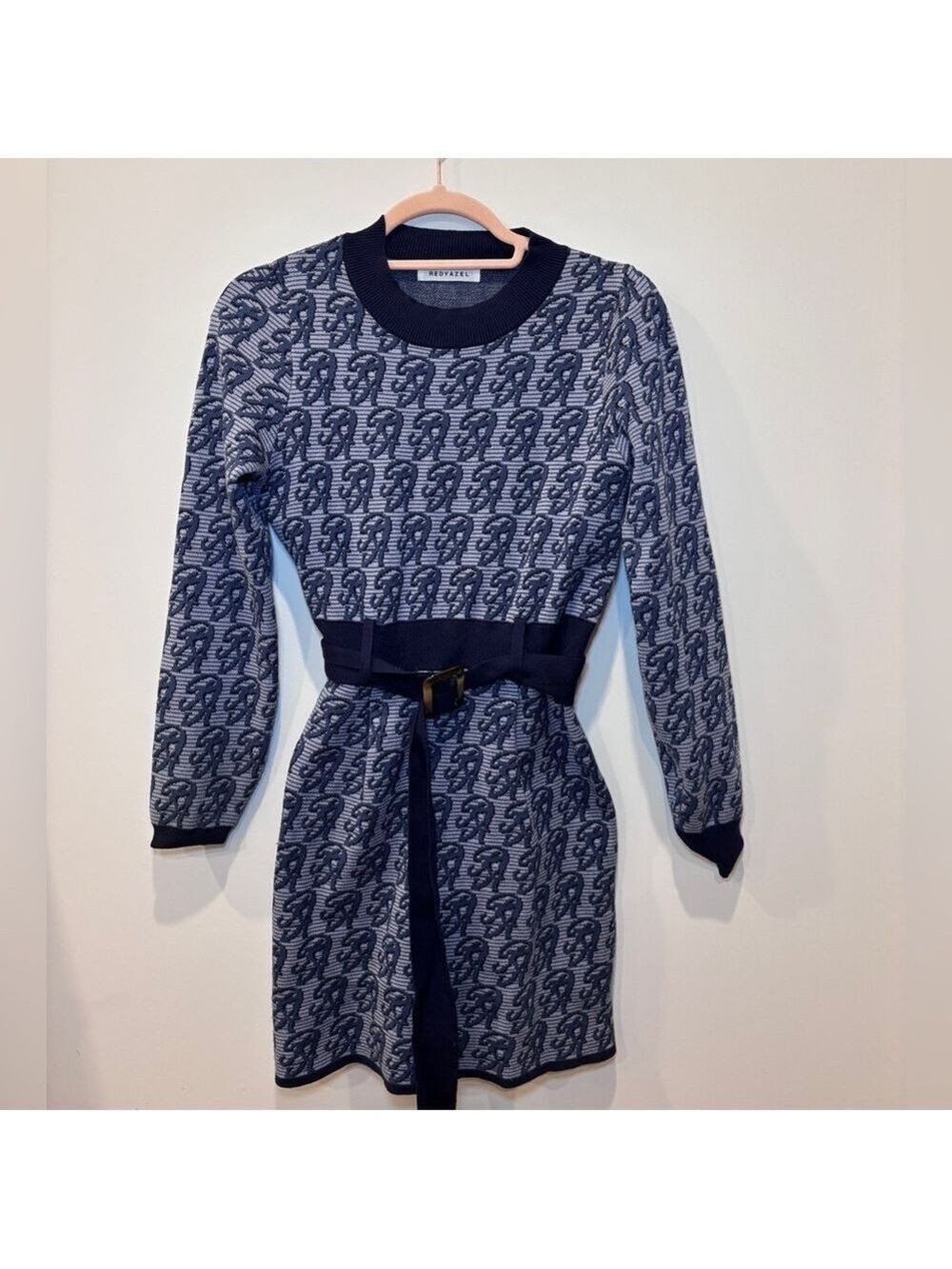 REDYAZEL Japan Monogram Knit Sweater Dress Belted Navy Logo Print 0483