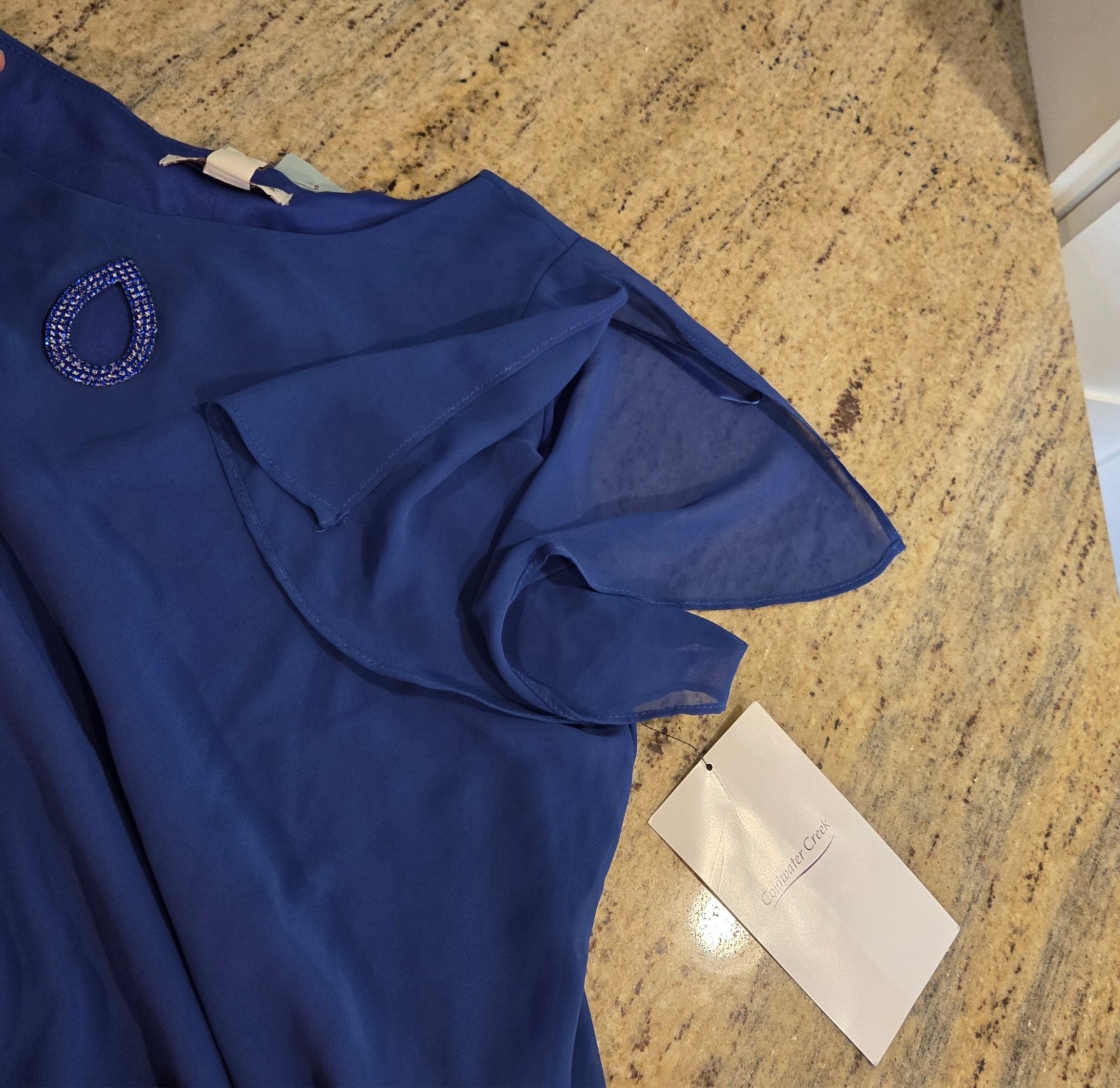 New! Coldwater Creek Sz 10P Iris Blue Chiffon Tiered Knee Length Dress Cocktail
