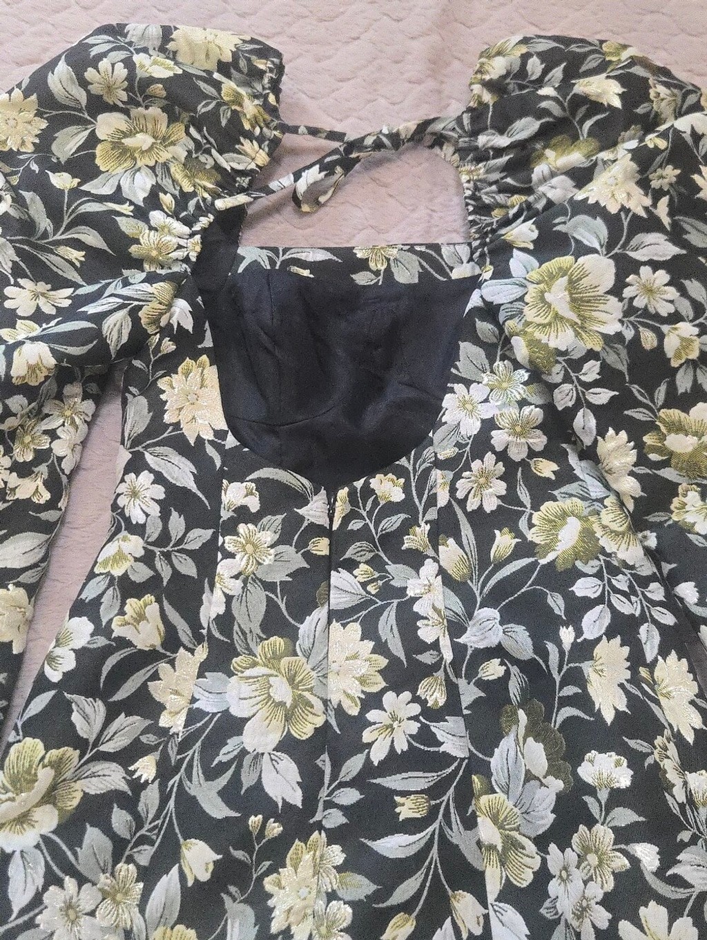 Miss Selfridge Green & Black Floral Jacquard Black Faux-Fur Fringe Dress, Size 4
