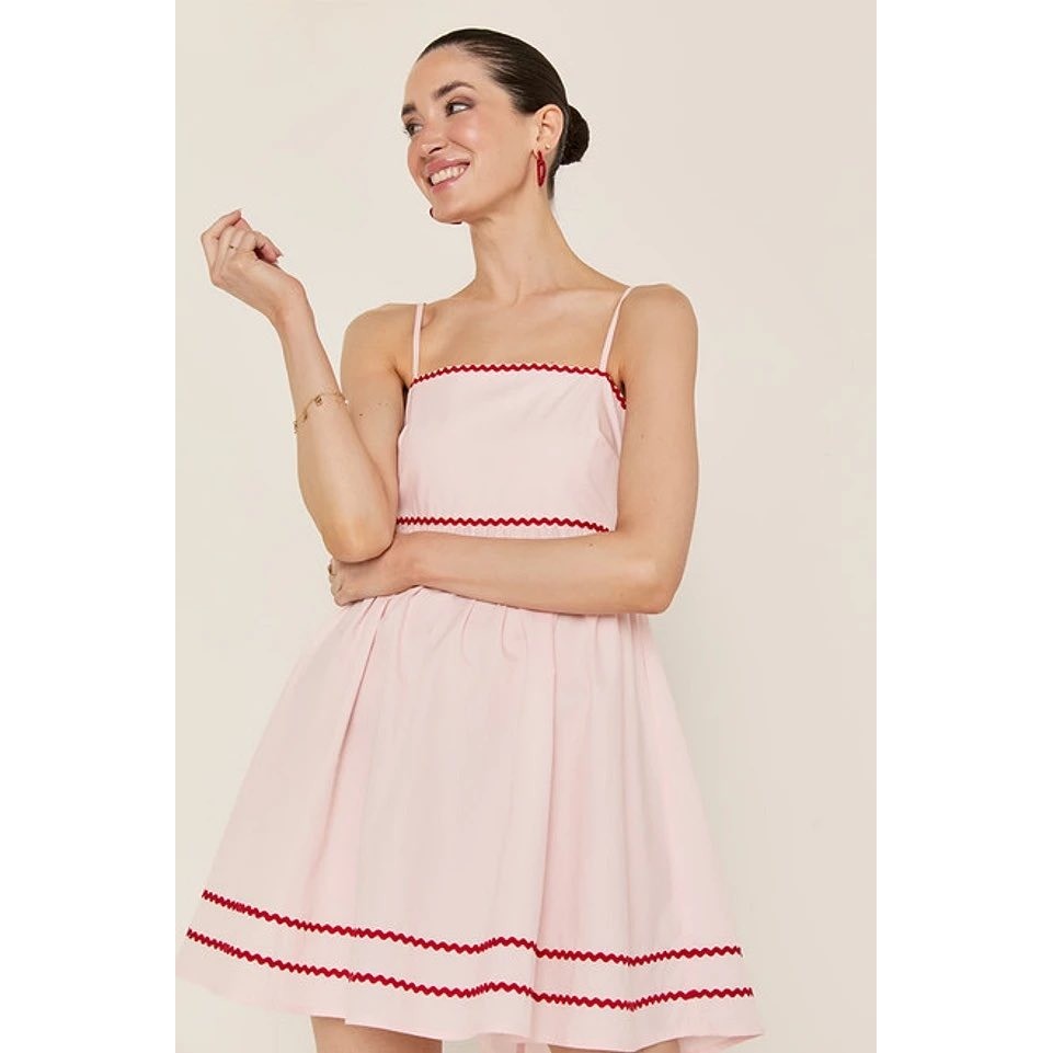 Francescas Pink Cotton Ric Rac Trim Mini Dress Back Bow Coquette Feminine Size M
