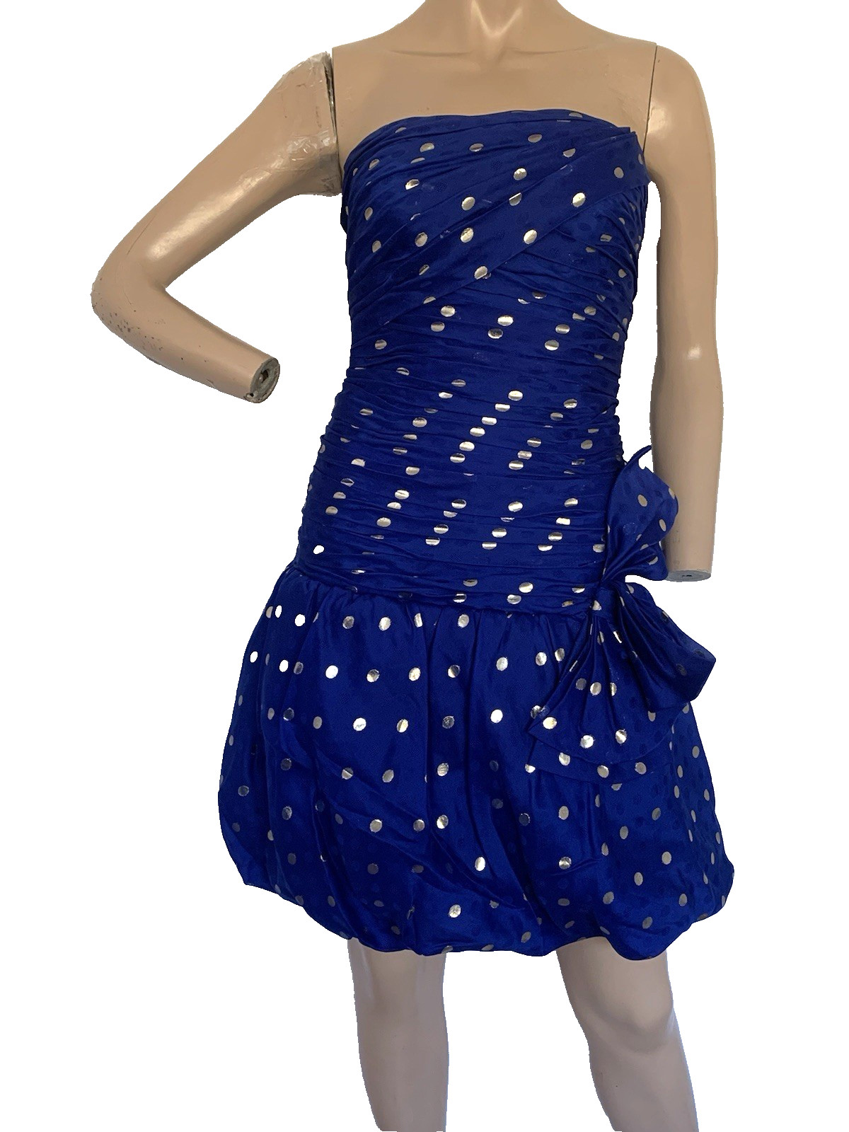 AKRIS Vintage 80’s Blue Silk Polka Dot Party Prom Dress UK 6-8 US 2-4 FR 34-36
