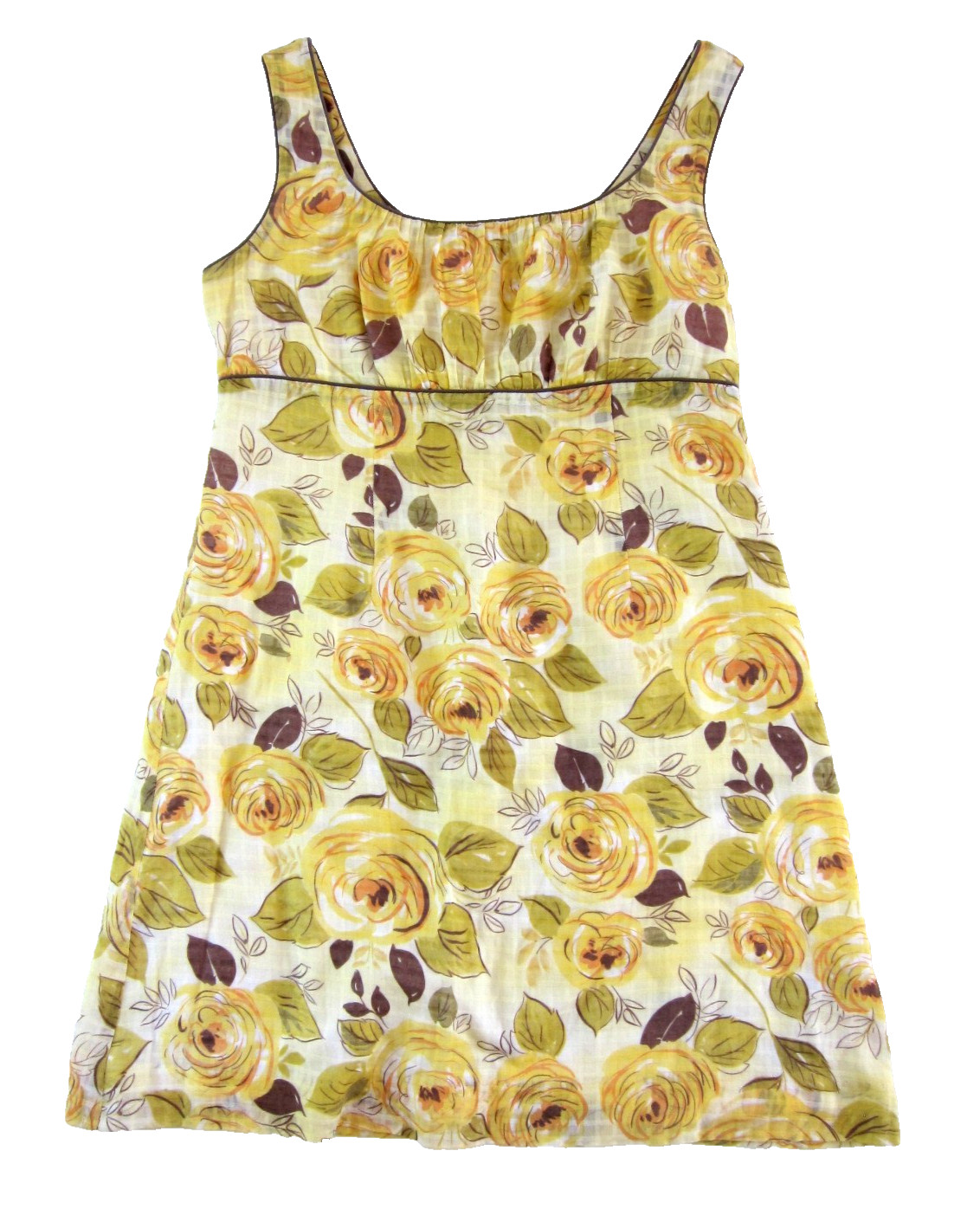 CAbi Yellow Brown Floral 100% Cotton Empire Waist Short Tank Dress 8
