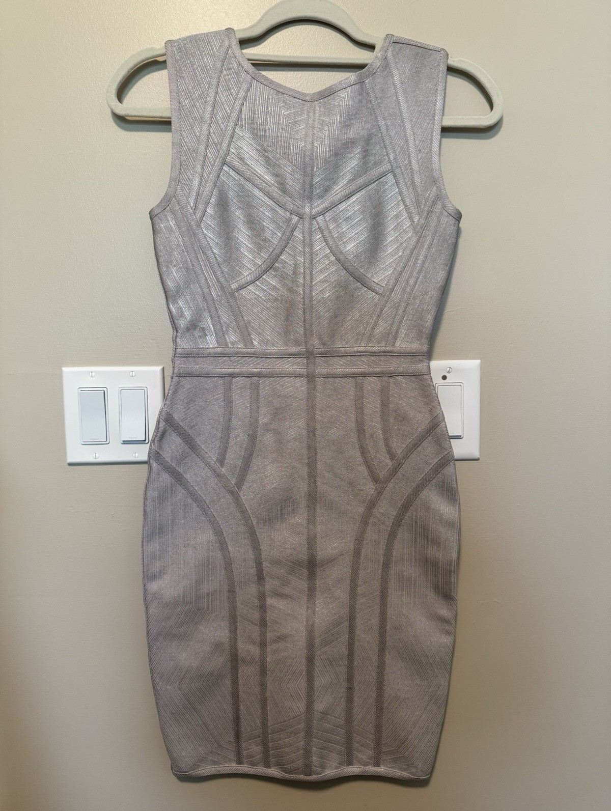 Factory Leger Babe silver bandage bodycon dress P short sleeveless V-neck zip