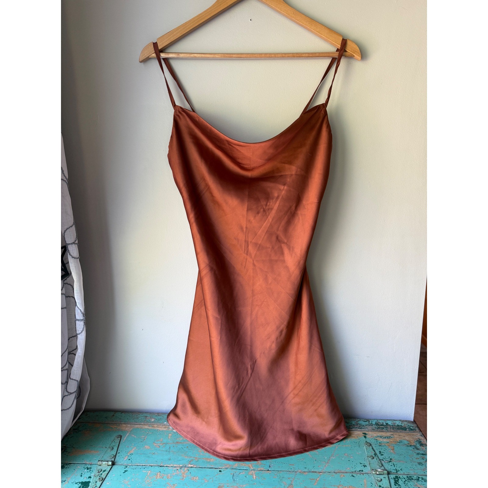 Hollister Womens Rust Copper Satin Cowl Neck Mini Slip Dress Small fall romantic