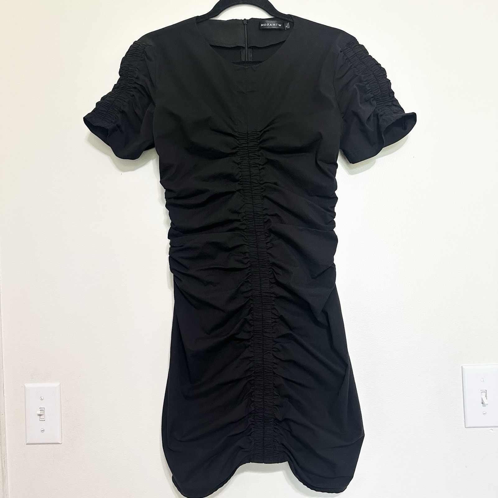 Monartw Cinched Black Ruched Dress Size Medium Bodycon Party Club Nightlife