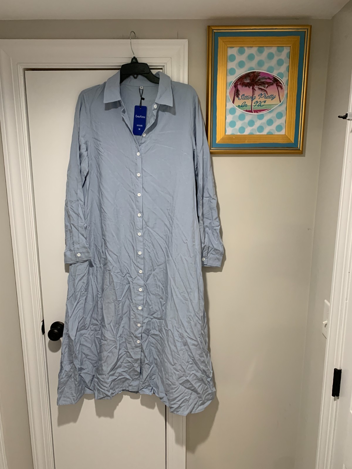 ChouYatou Long Sleeve Shirt Dress Womens Medium Blue Collared Coastal Classic