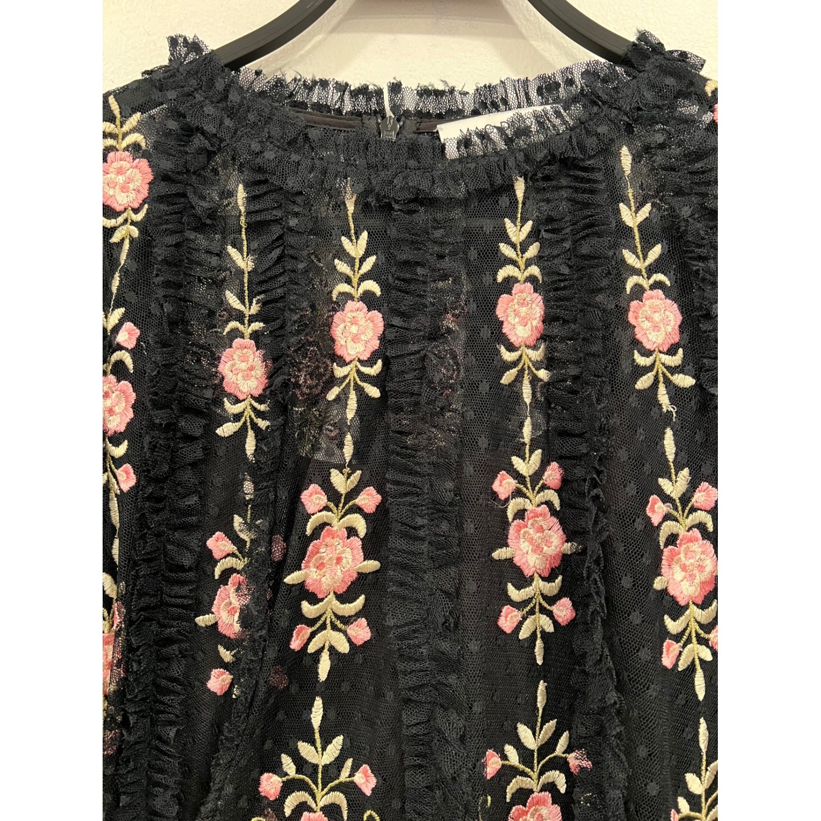 Mac Duggal Mini Dress Womens 8 Black Pink Floral Embroidered Tulle Tiered Ruffle