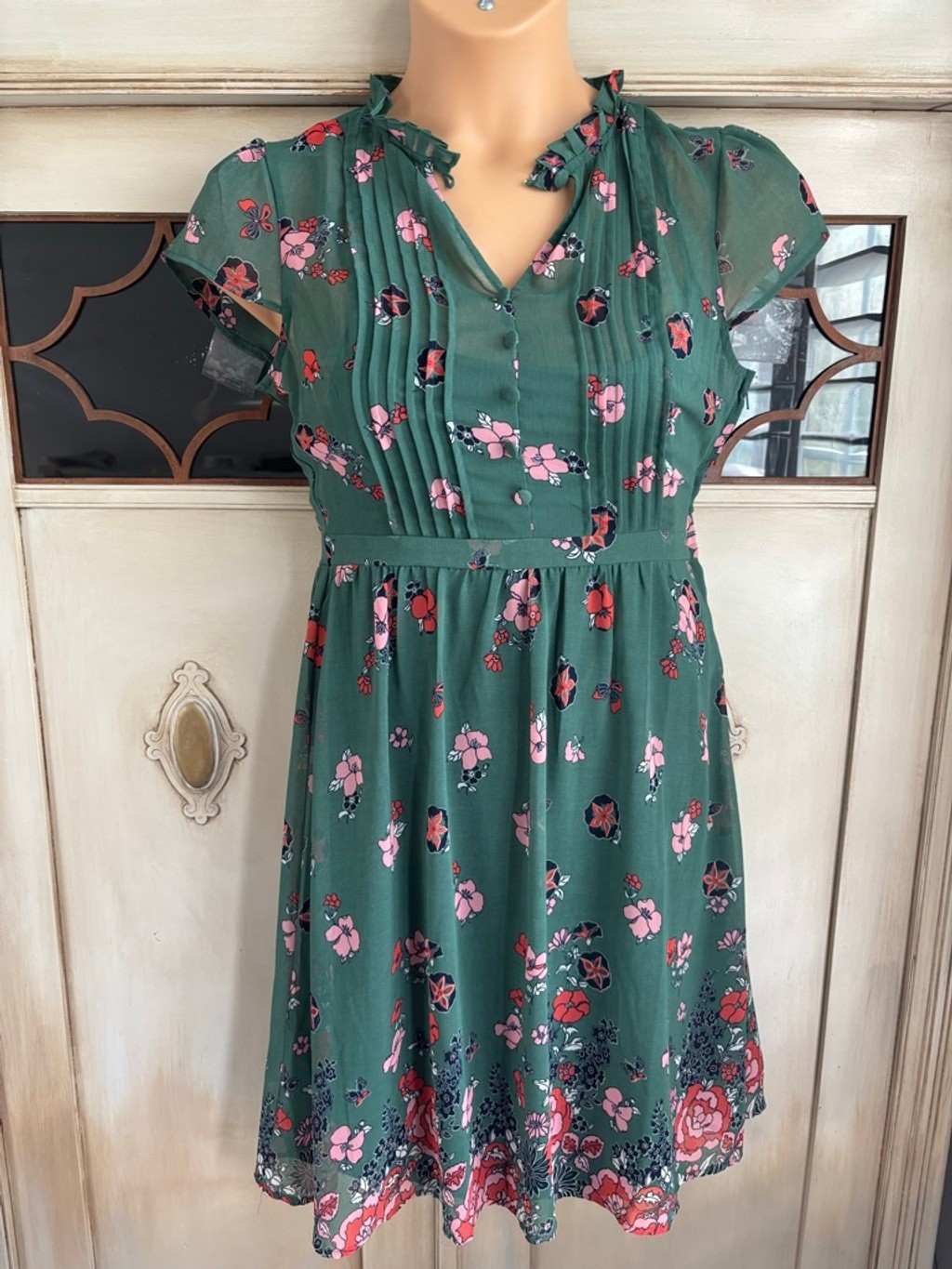 ModCloth “Oh Say Can You Museum” green butterfly and floral print A-line dress