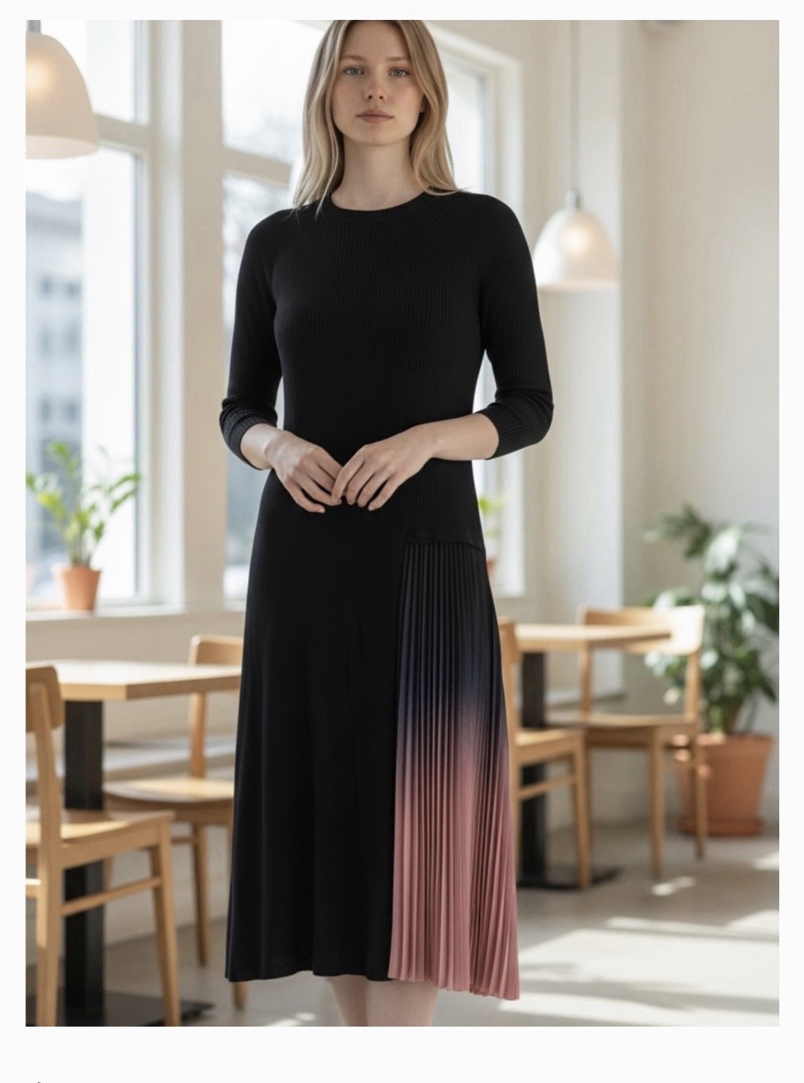 New Dahlia MacPhee Dress Xl Black Knit Pleated Pink Ombré Insert