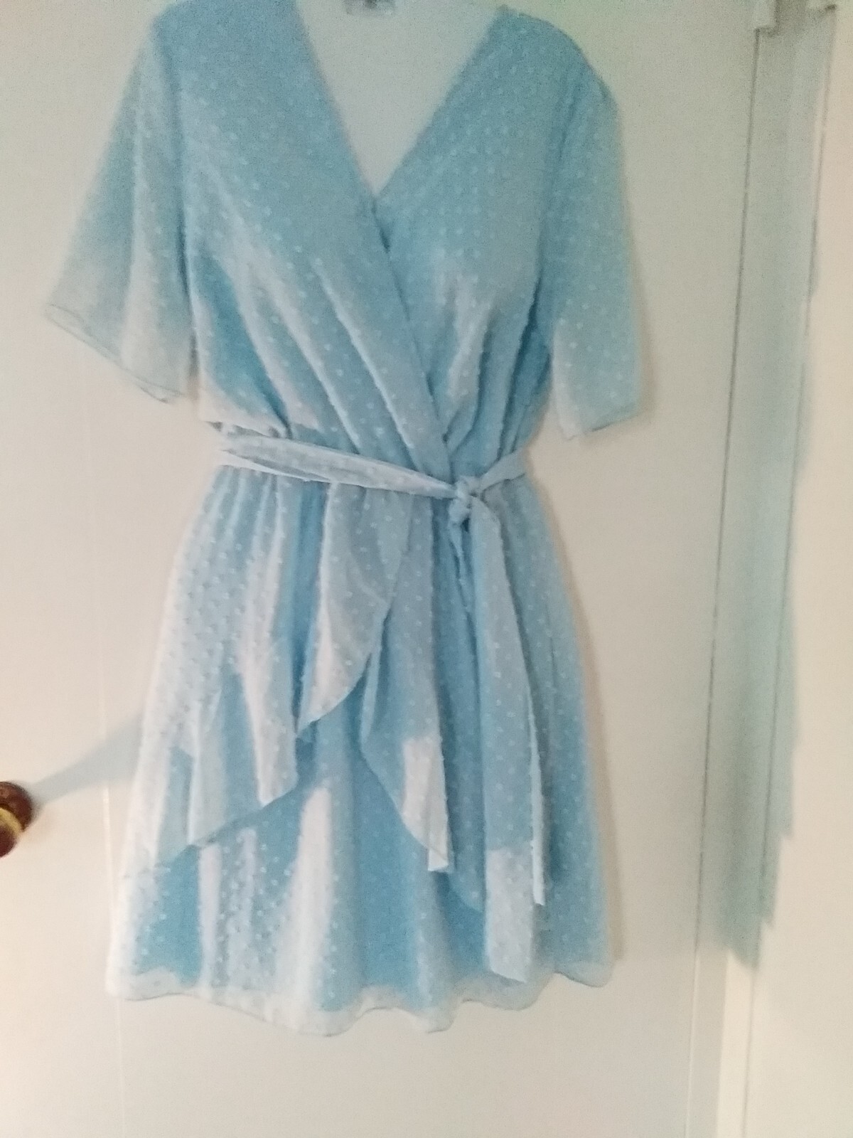 Textured Light Blue Layer Ruffle Dress Short Sleeves Tie Belt Small