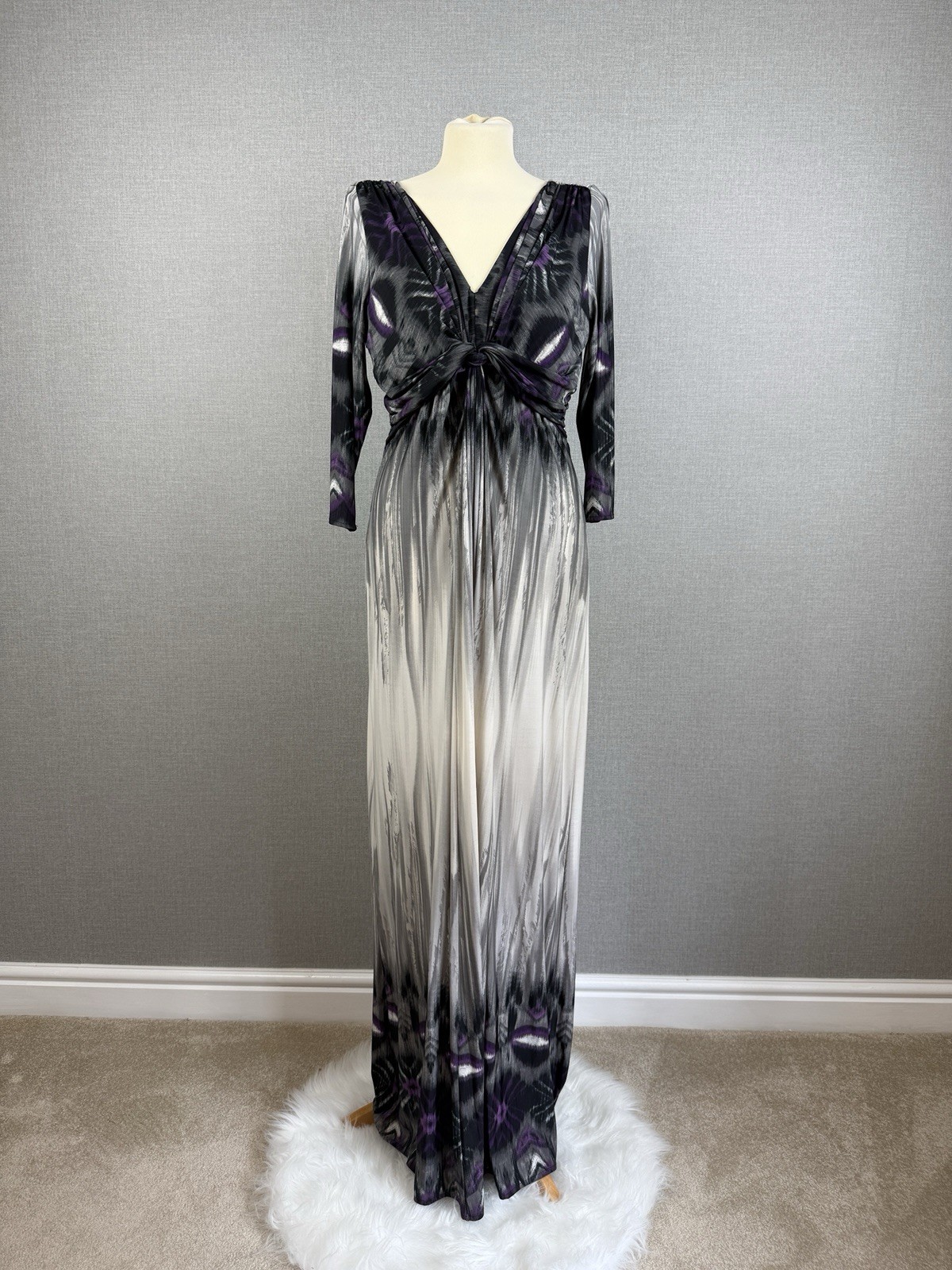 Linea Grey Purple Abstract Knot Front Long Sleeve Maxi Dress UK18 Occasion Party