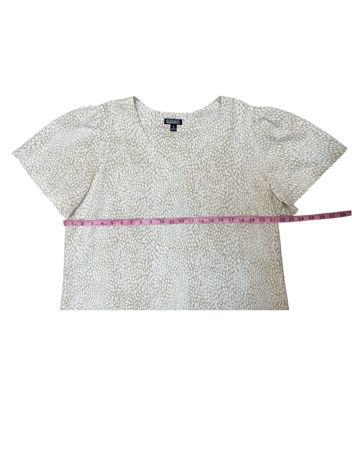 Original Nicole Miller XL Linen Blend Tunic Top V Neck Beige Short Sleeve