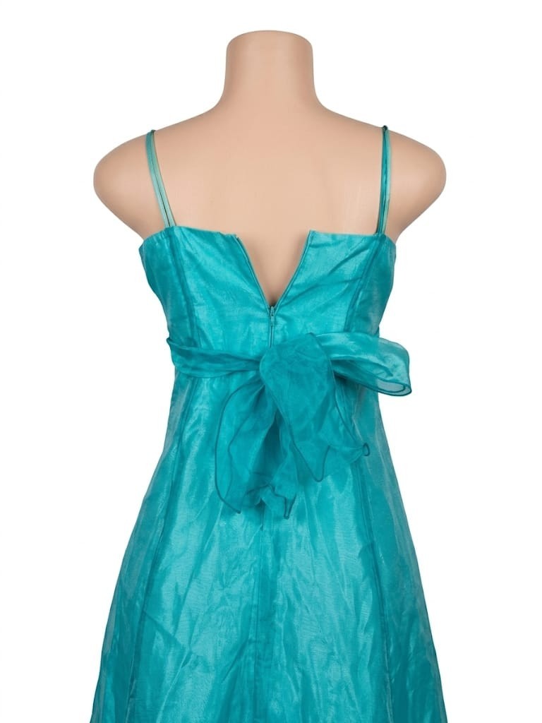 Gino Blue Beaded Bow Chiffon Fit & Flare Midi Dress Lined Zip 14 J1293